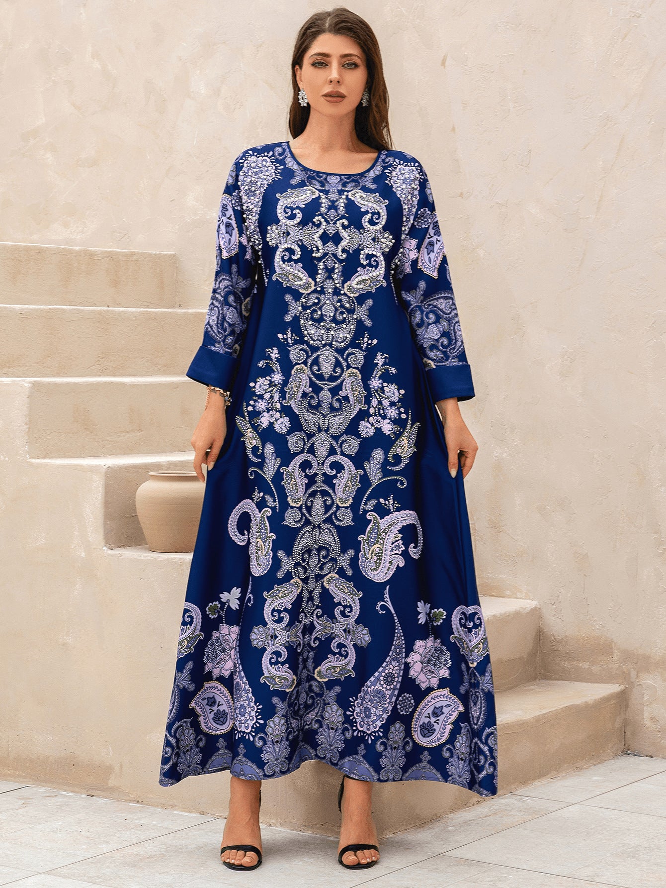 Navy Rhinestone Party Abaya - Printed Evening Robe Plus Size