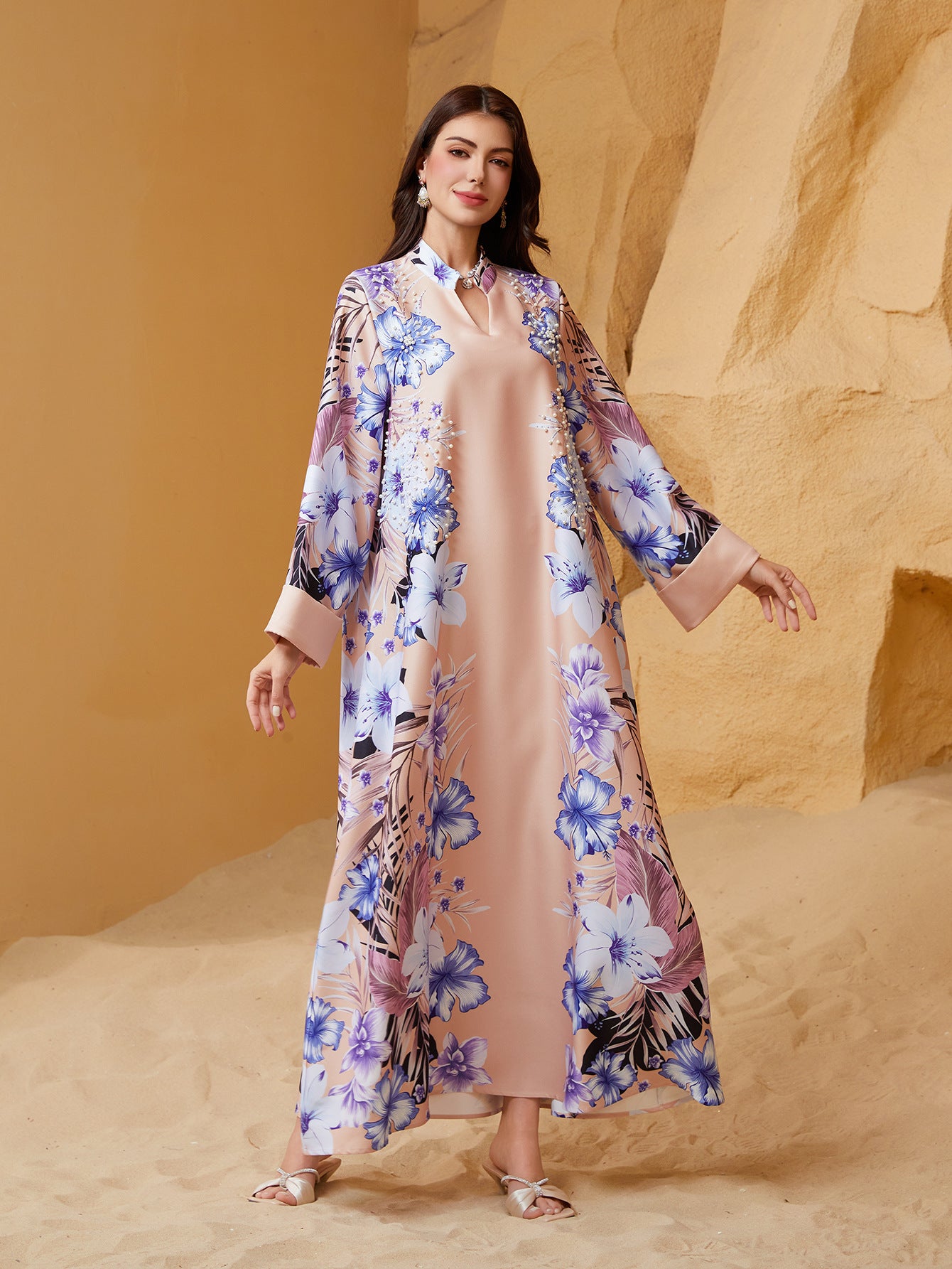 Apricot Purple Blue Printed Abaya - Plus Size African Long Robe