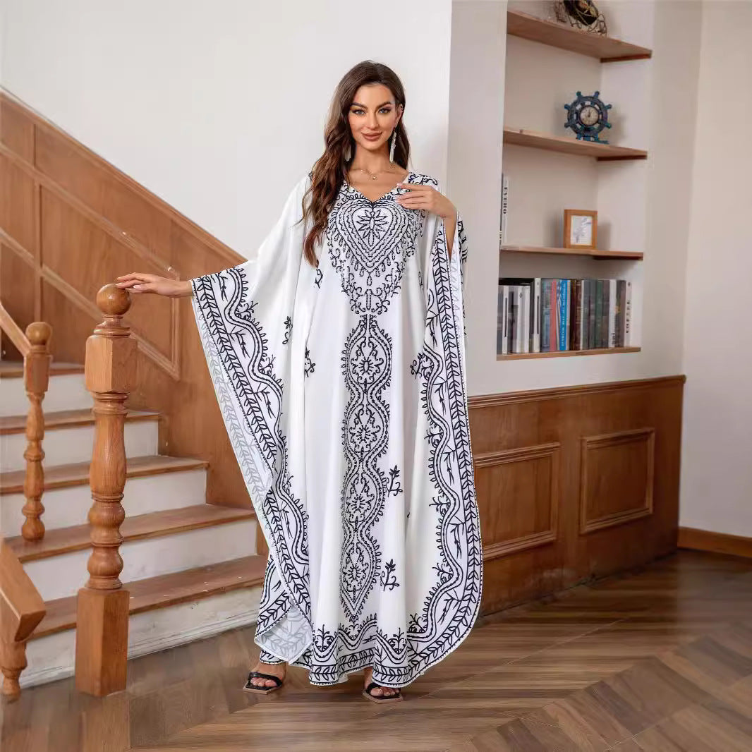 White Batwing Floral Abaya - Modest Muslim Dress Ramadan Eid