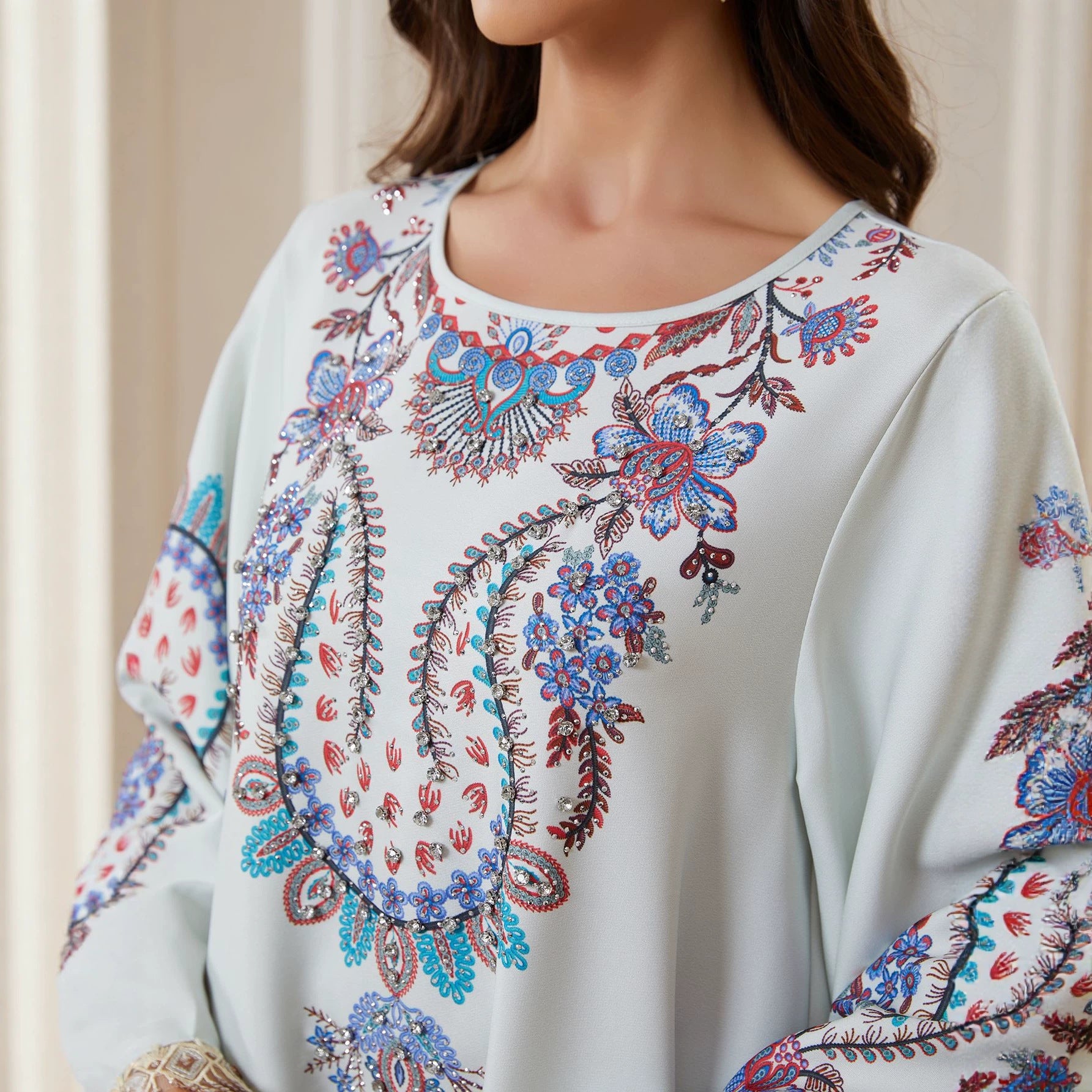Women Round Neck Paisley Floral Embroidery Abaya Gold Sequin Fringe Wide Flare Sleeve Maxi Jalabiya White Crepe Ethnic Modest Gown For Eid Mubarak Ramadan Wedding Evening Party