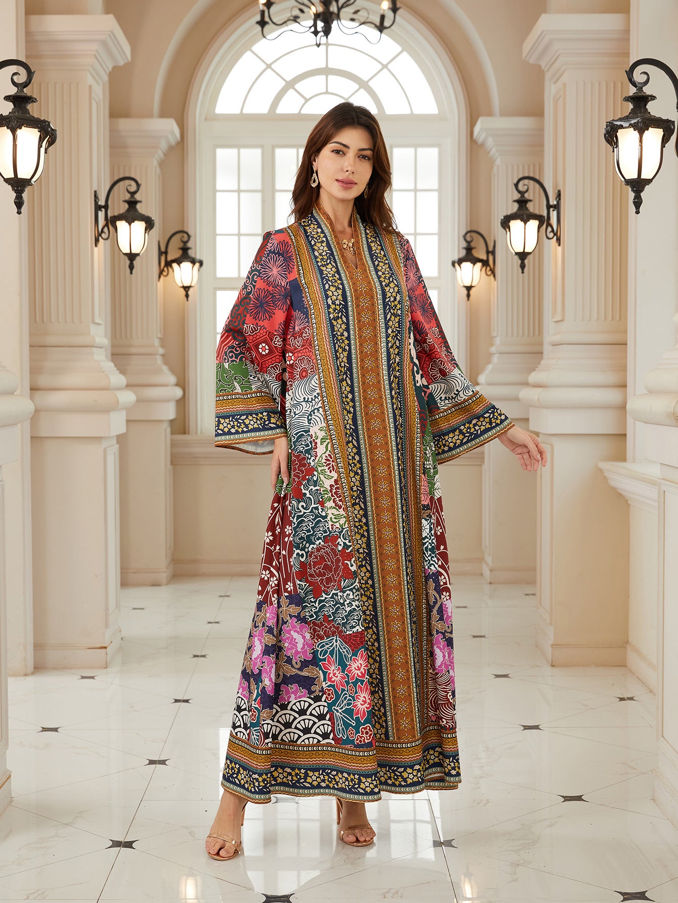 Radiant Floral Jalabiya – V-Neck Bohemian Modest Maxi Dress