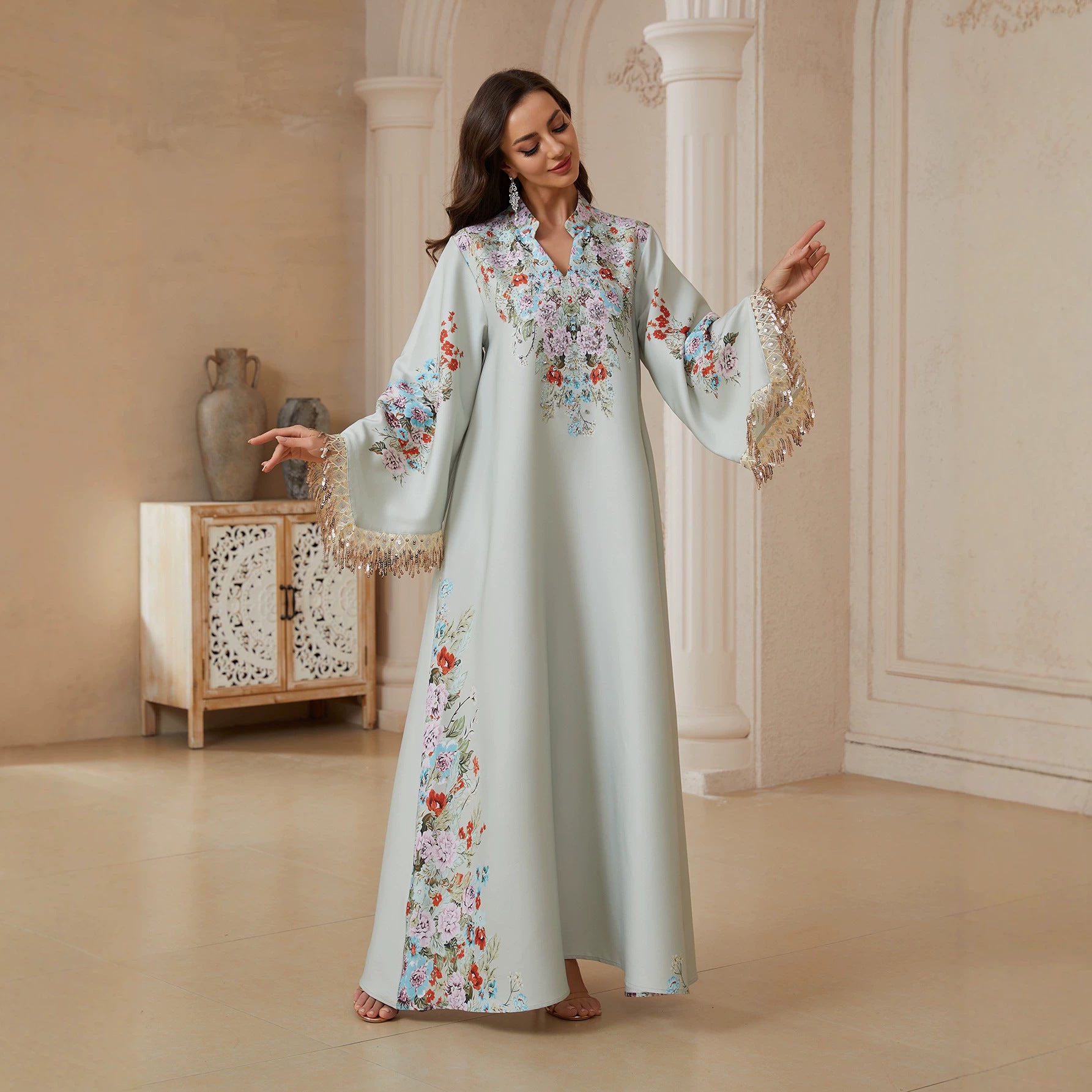 Women Stand Collar V Notch Floral Print Abaya Gold Metallic Tassel Flare Sleeve Maxi Jalabiya Pastel Satin Loose Modest Gown For Eid Mubarak Ramadan Wedding Party