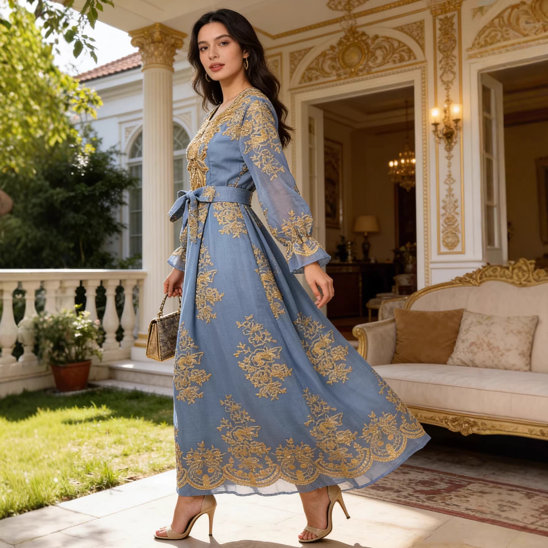 Green and Sky Blue Wedding Embroidered V-Neck Belted Maxi Dress Jalabiya Modest Long Dress for Muslim Women Eid Ramadan Formal Party S-XXL