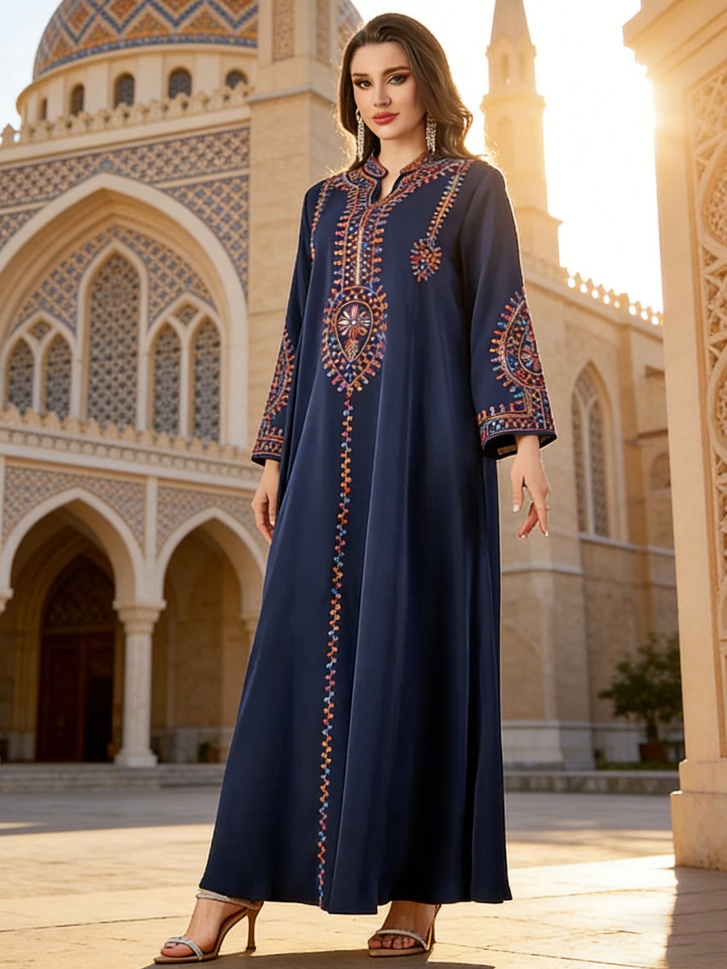 Cord Embroidered Ethnic Kaftan Robe Dress Jalabiya Modest Long Maxi Gown for Muslim Women Eid Ramadan Celebration S-XXL