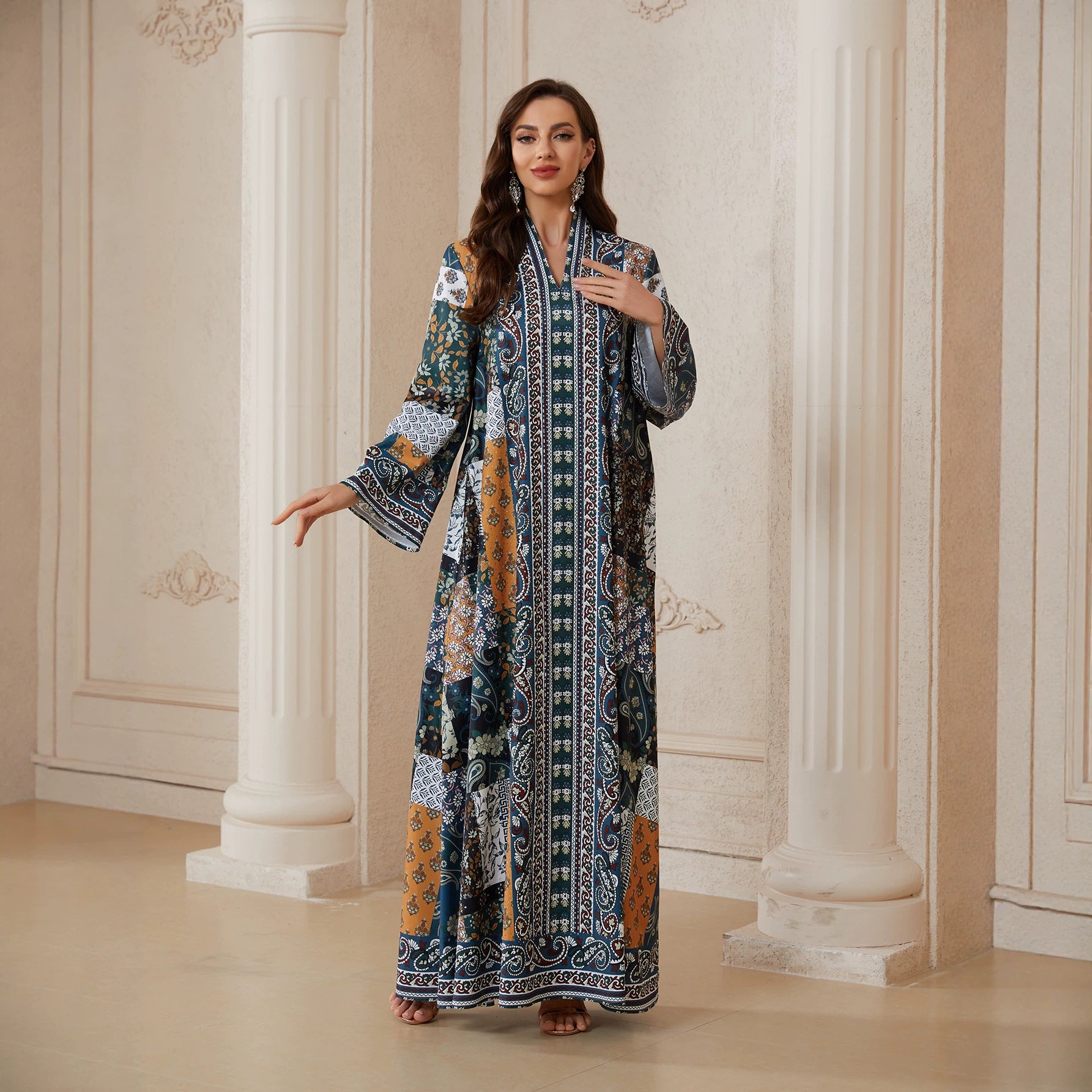 Floral Rhinestone Printed Jalabiya - Casual Modest Long Dress