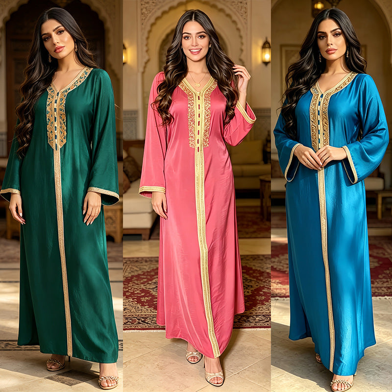 Moroccan Velvet Rhinestone Patchwork Ribbon Trim Plus Size Modest Maxi Dress