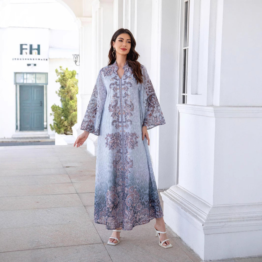 Boho Blue Rhinestone Embroidered Abaya – Modest Muslim Maxi Dress
