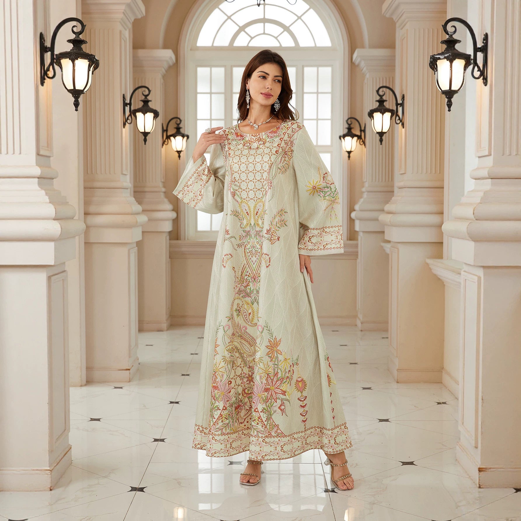 Light Beige Floral Paisley Embroidery Abaya Loose Wide Long Sleeve Full Length Modest Muslim Women Maxi Kaftan Dress For Wedding Daily Occasion