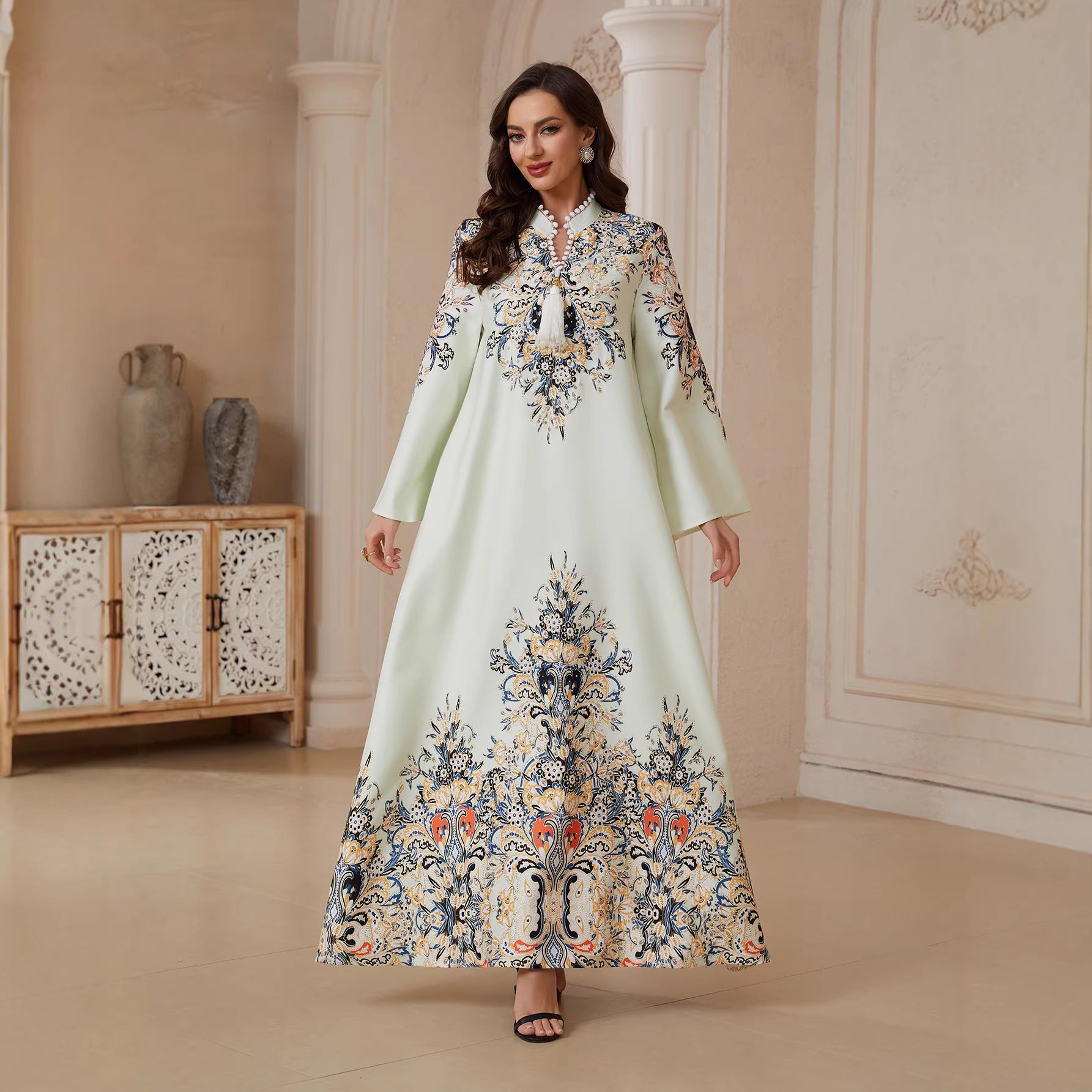 Modest Light Yellow Tassel A-Line Kaftan Maxi Abaya Eid Ramadan