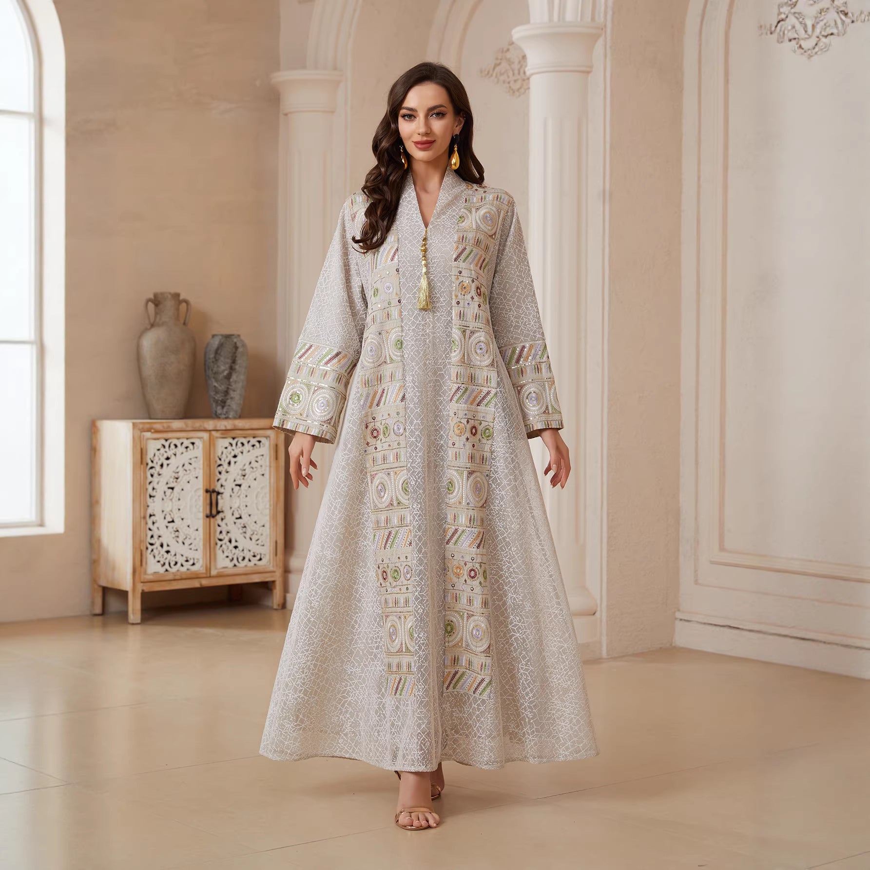 Premium Hand Stitched Embroidery Abaya Women Light Silver Hollow Grid Mesh V Neck Loose Wide Sleeve Tassel Tie Decor Floor Length Modest Outfit For Middle East Wedding & Eid Celebration