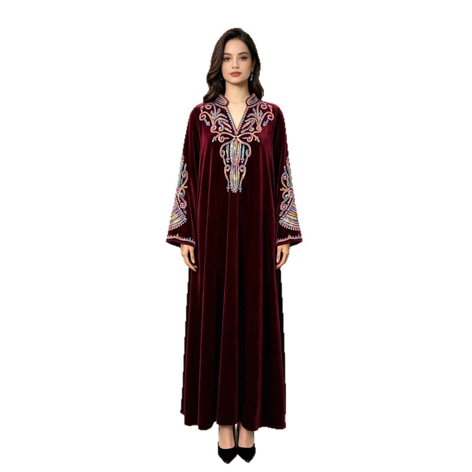 Two Color Embroidered Rhinestone Applique Stand Collar Maxi Dress