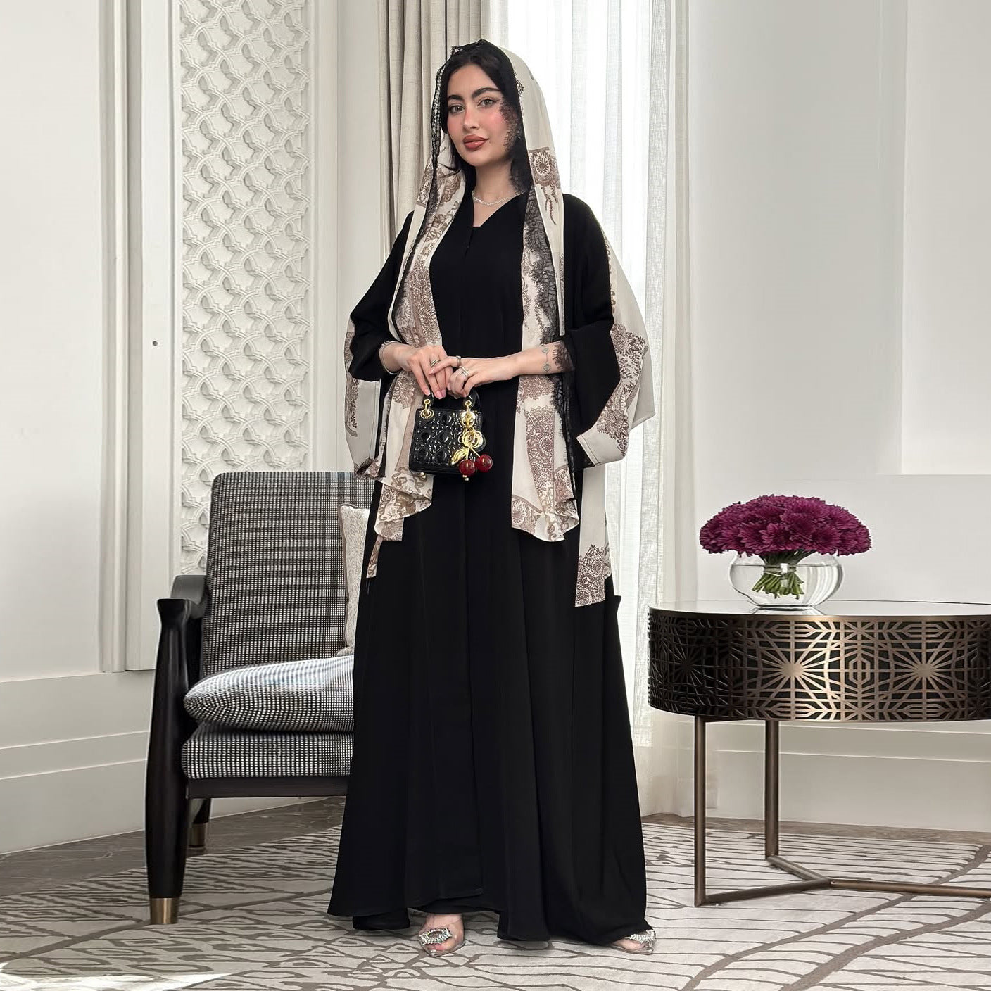 Black Floral Lace Patchwork Ice Silk Crinkle Maxi Cardigan Cape - One Size