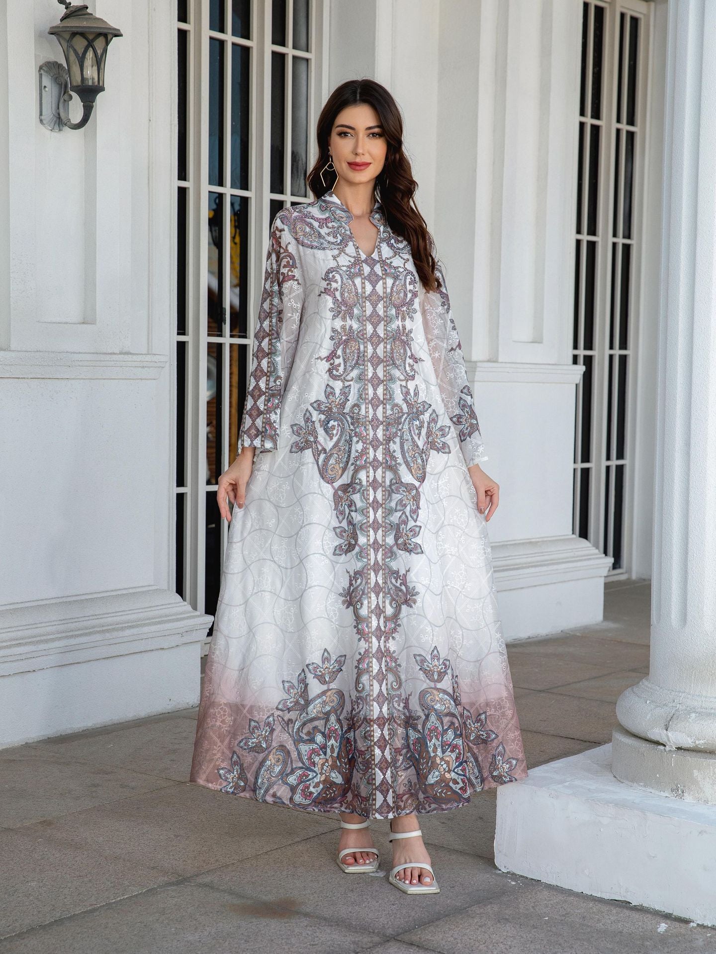 Lotus Pink Embroidered Printed Maxi Abaya - Rhinestone Trim Gown