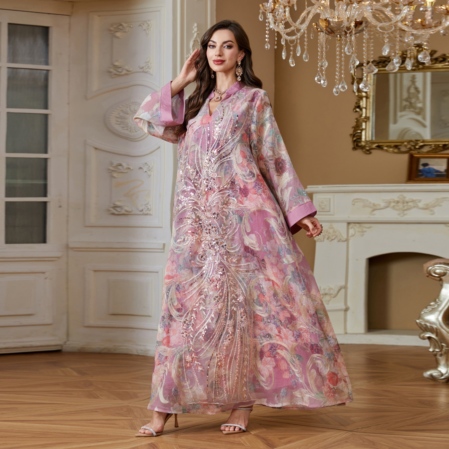 2026 Luxury Floral Print Abaya Women Hand Beaded Rhinestone Long Kaftan Stand Collar Flare Sleeve Loose Maxi Dress For Wedding Party