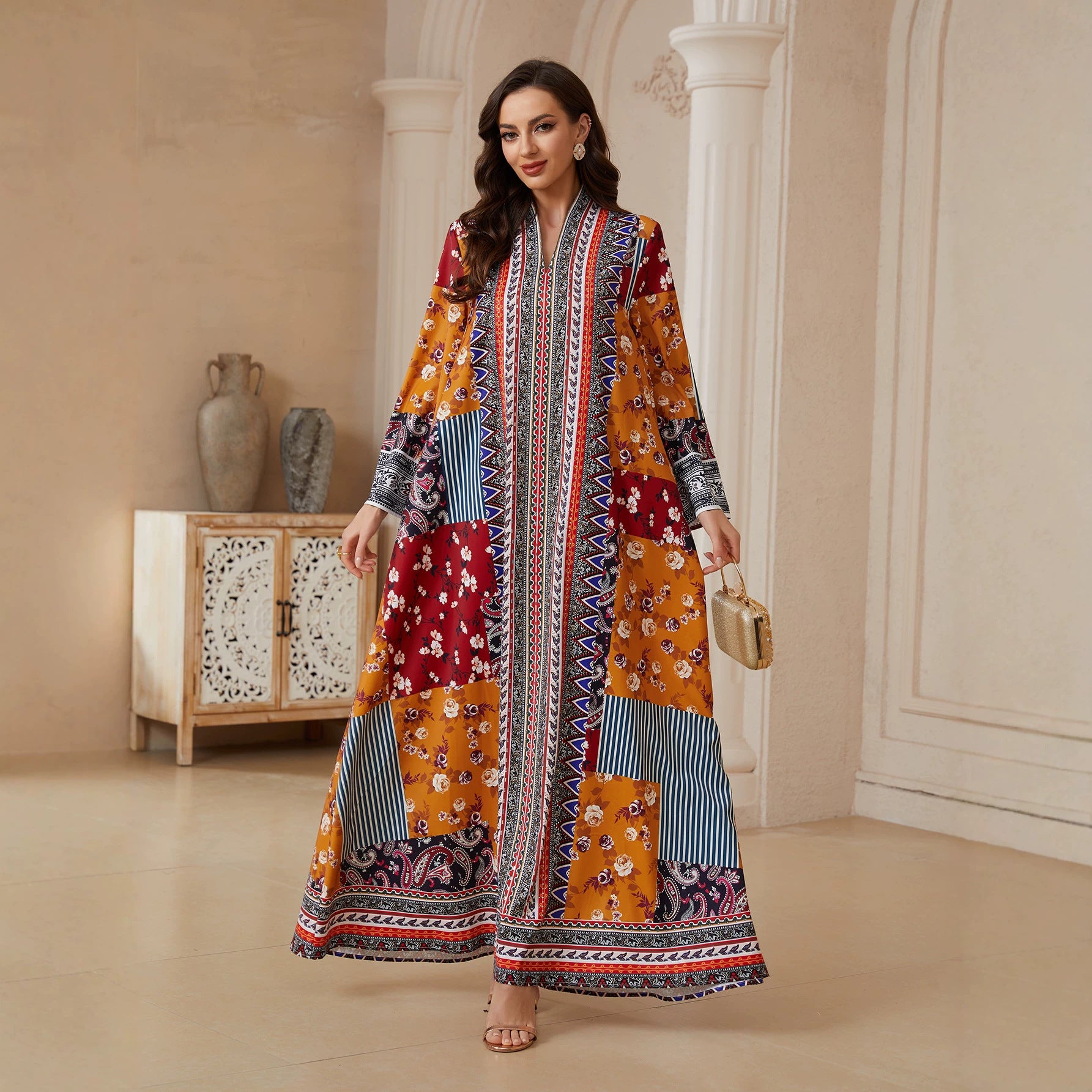 Floral Long Sleeve Ethnic Abaya - Modest Muslim Dress Ramadan Eid