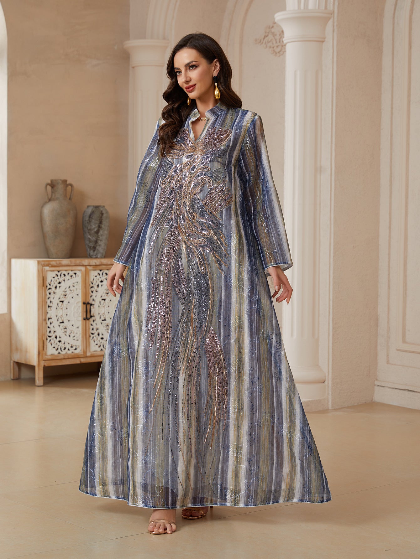 Gradient Stripe Sequin Embroidery Abaya For Women Stand Collar Flare Long Sleeve Dubai Luxury Muslim Kaftan Modest Maxi Dress For Eid Ramadan Wedding Evening Party