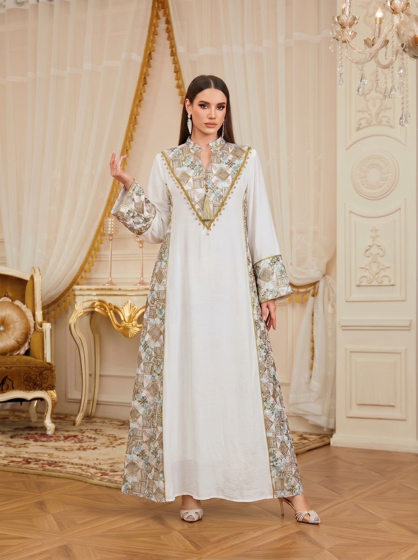 White Apricot Light Blue V-Neck Embroidered Pendant Evening Maxi Abaya