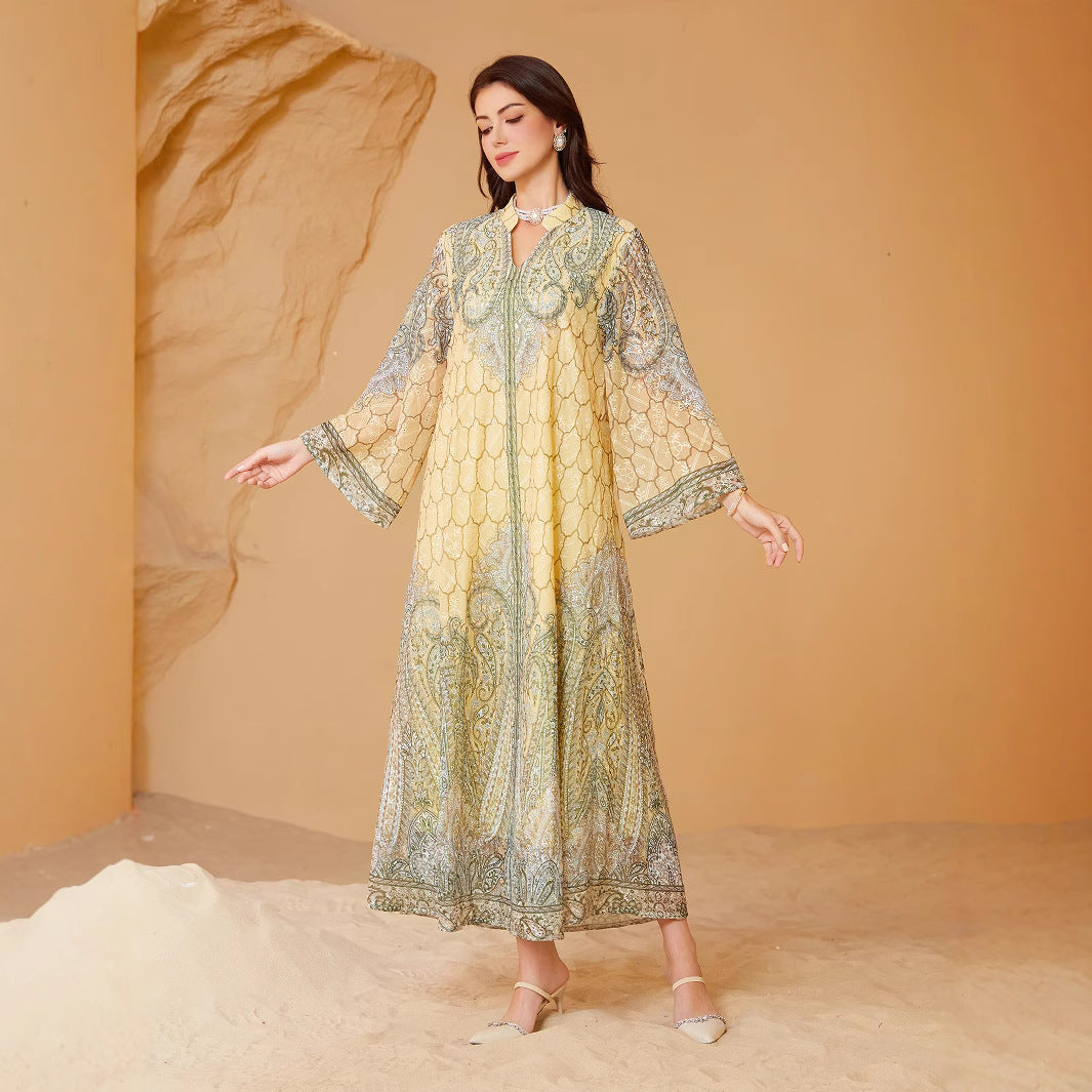 Exquisite Yellow Rhinestone Beaded Kaftan Abaya Maxi Eid Ramadan
