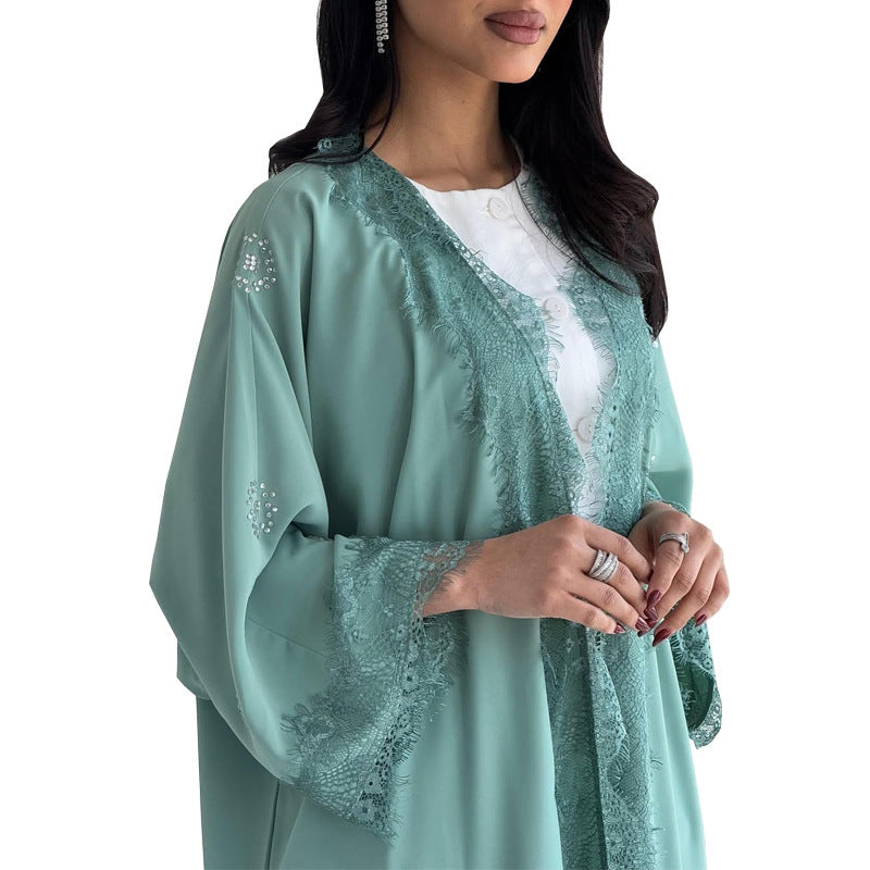 Light Green Lace Patchwork Long Open Abaya - Plus Size Modest Maxi Cardigan