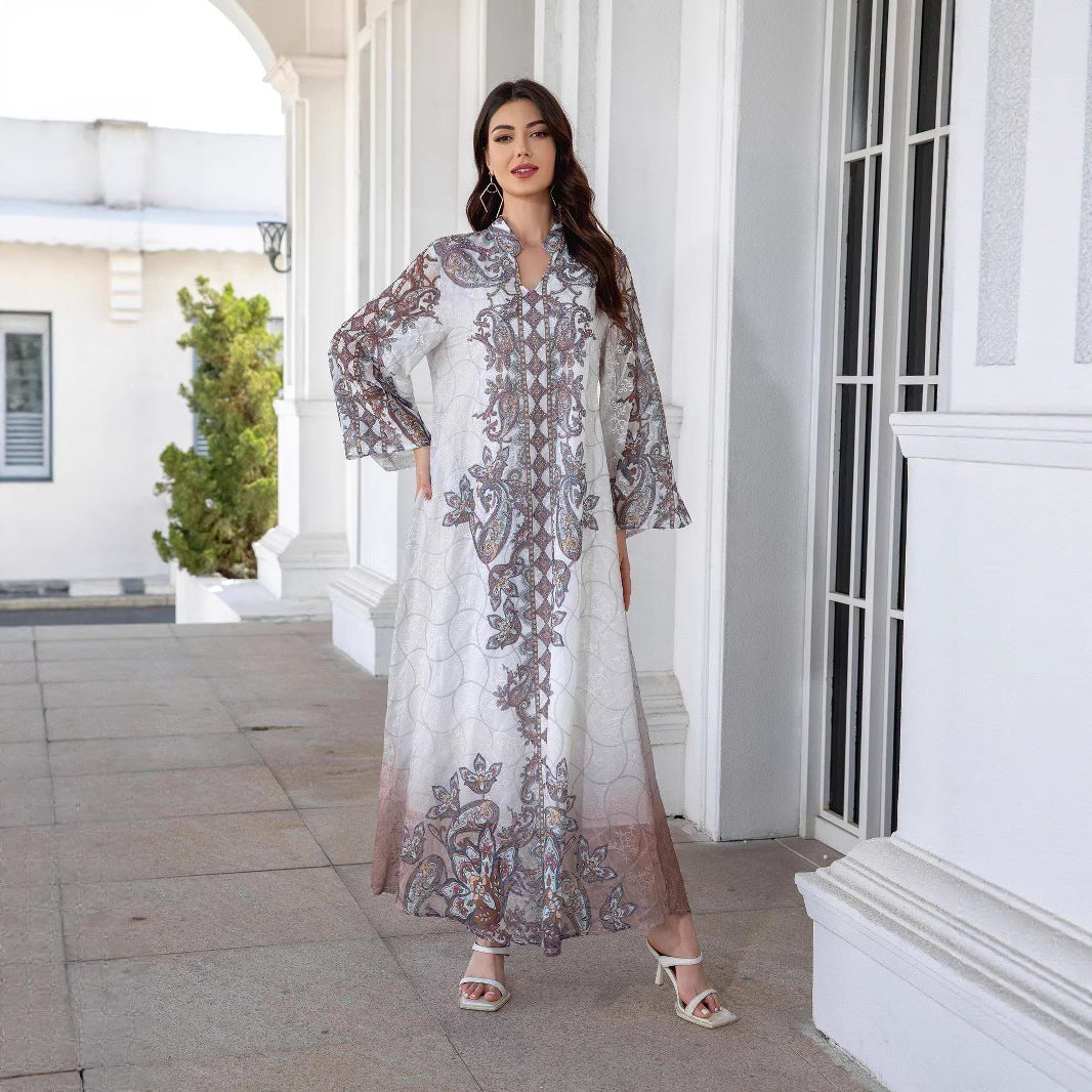 Lotus Pink Embroidered Printed Maxi Abaya - Rhinestone Trim Gown