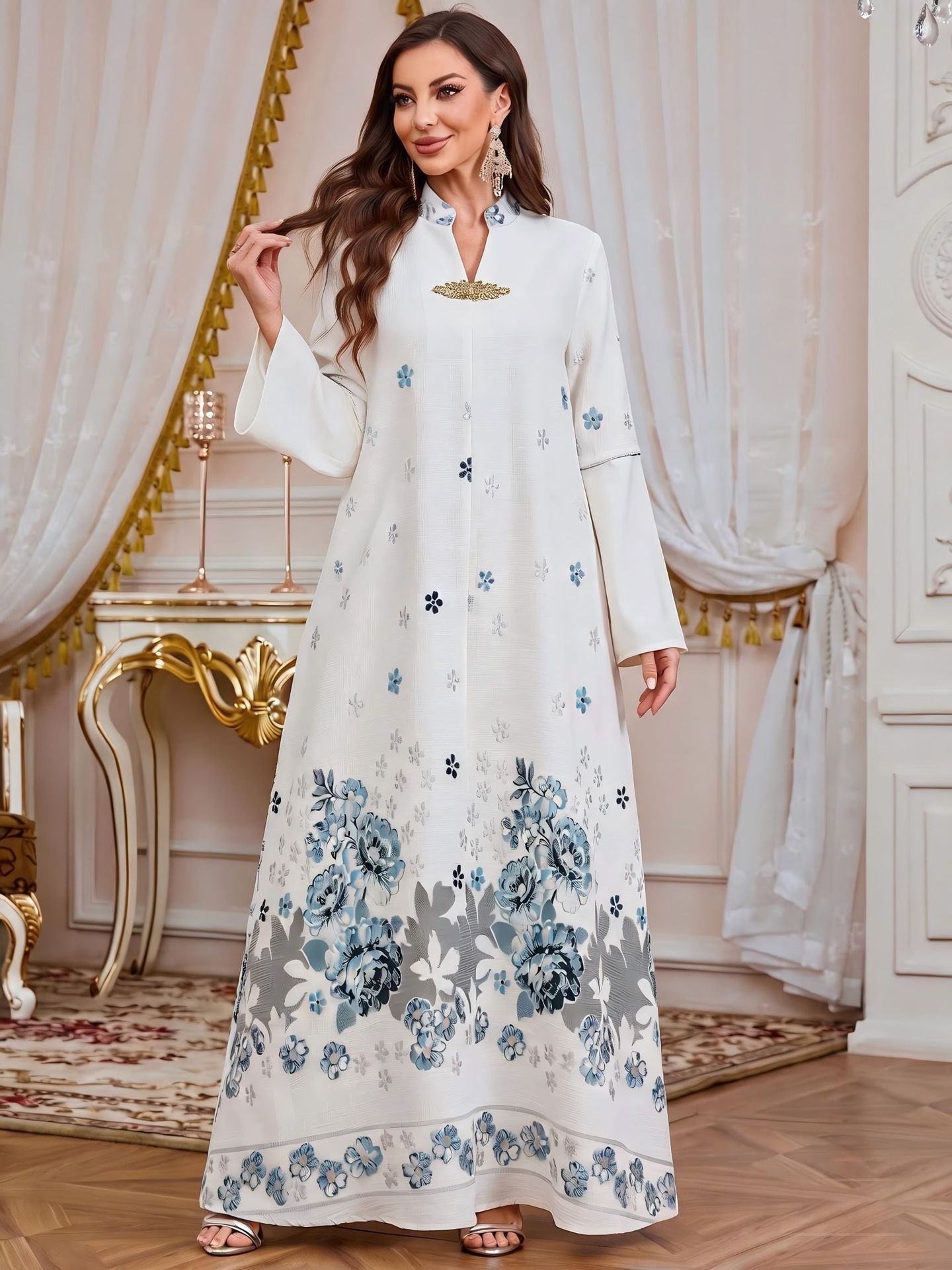 Emerald Blue V-Neck Rhinestone Embellished Modest Maxi Abaya Dress