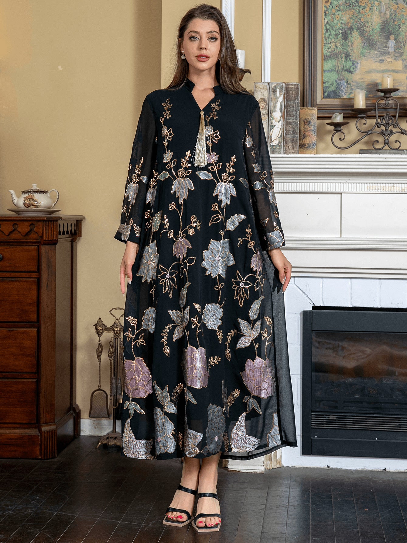 2026 Trending Modest Formal Abaya Black Tone Gradient Floral Sequin Embroidery V Neck Tassel Pendant Sheer Long Sleeve Long Dubai Robe Plus Size For UAE Saudi GCC Ramadan & Nikkah Ceremony