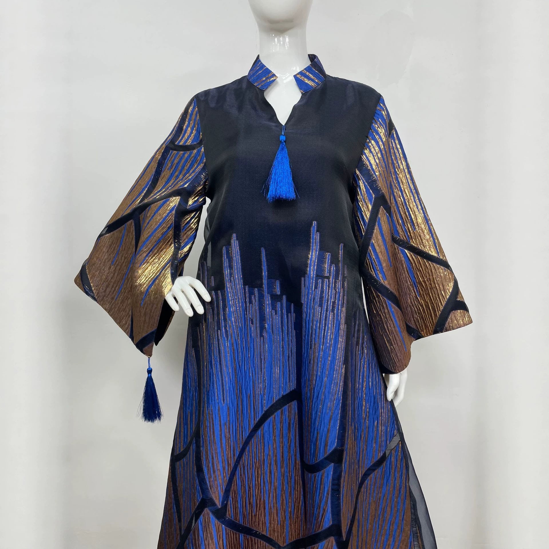Dubai Islamic Modest Abaya Black Stand Collar Blue Gold Line Geometric Pattern Wide Bell Sleeve Oversized Kaftan Gown For Muslim Ladies Holiday Party