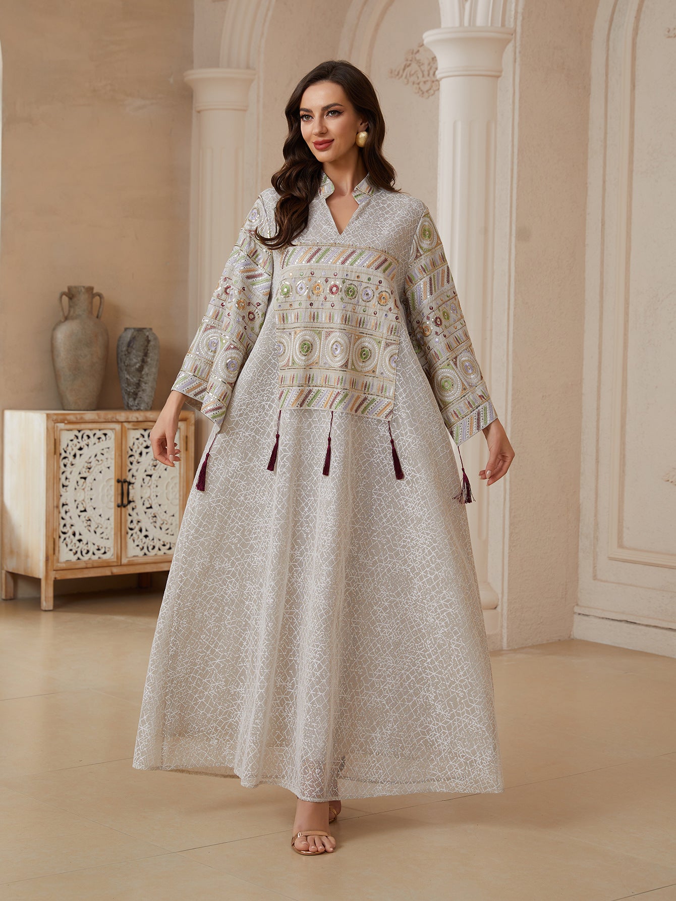 Women Off White Crack Textured Jacquard Heritage Geometric Embroidery Luxury Beaded Tassel Split Stand Collar Flare Sleeve Moroccan Caftan Loose Full Length Gulf Modest Maxi Robe For Eid Al Fitr Nikkah Wedding
