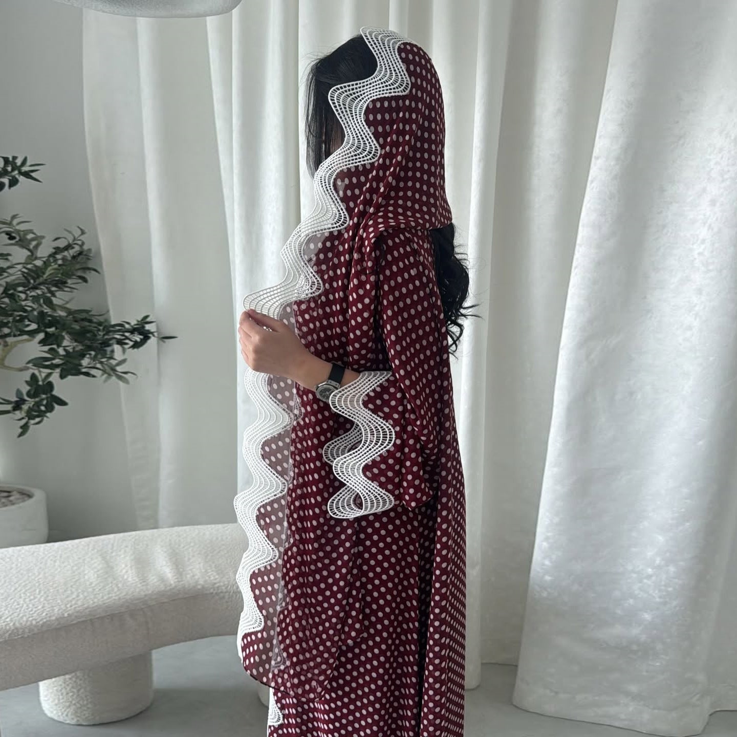 Red Polka Dot Chiffon Floral Print Ruffle Hem Abaya with Hijab Two-Piece Set