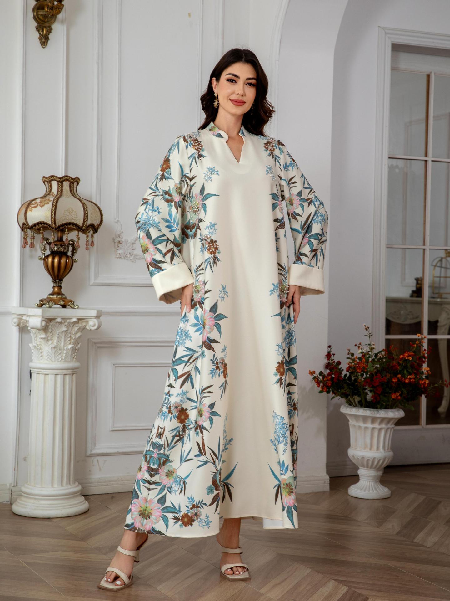 Serene Off White Floral Kaftan – Modest Muslim Maxi Dress