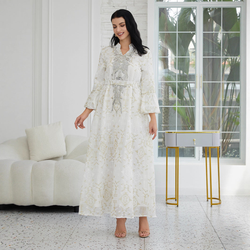 Neutral Ivory Viral Gulf Artisan Slip-On Modest Tunic Lustre Cream Gloss Woven Textile Full Faint Vintage Metallic Geo Embossed Texture Slit Tiny Mandarin Standing Neck Central Front Hand Mounted Oversized Clear Rhinestone Statement Appliqué Layered