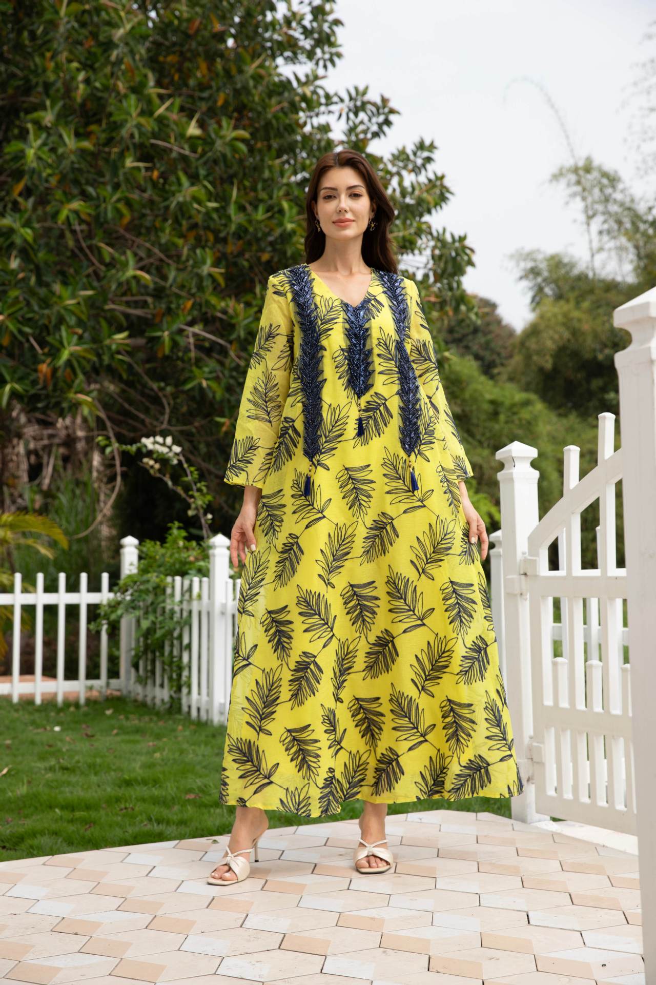 Stunning Yellow Embroidered Kaftan – Muslim Evening Gown