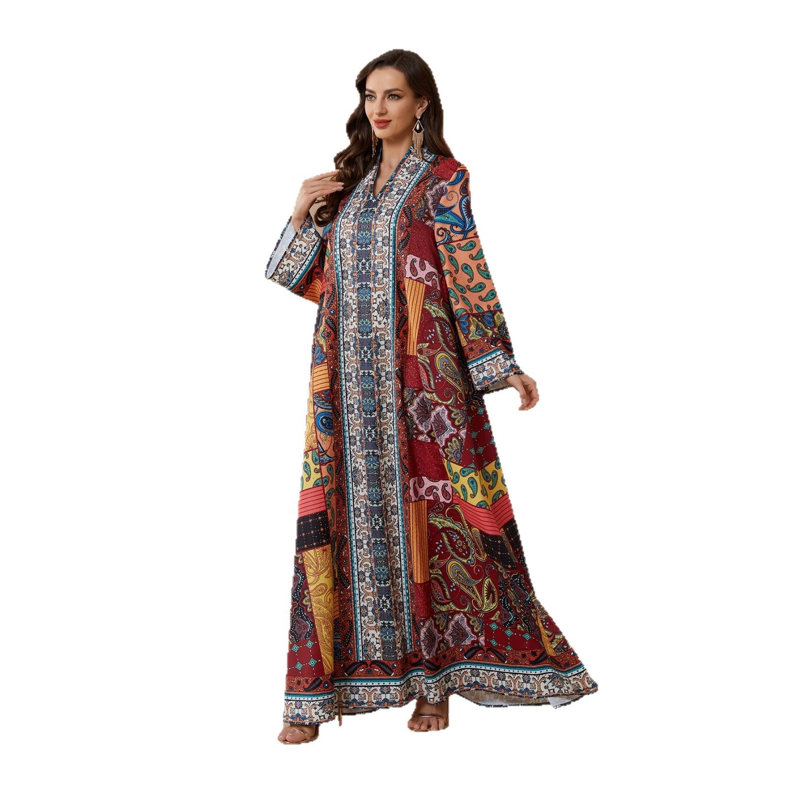Floral Print Rhinestone Ethnic Abaya Robe - Modest Muslim Dress
