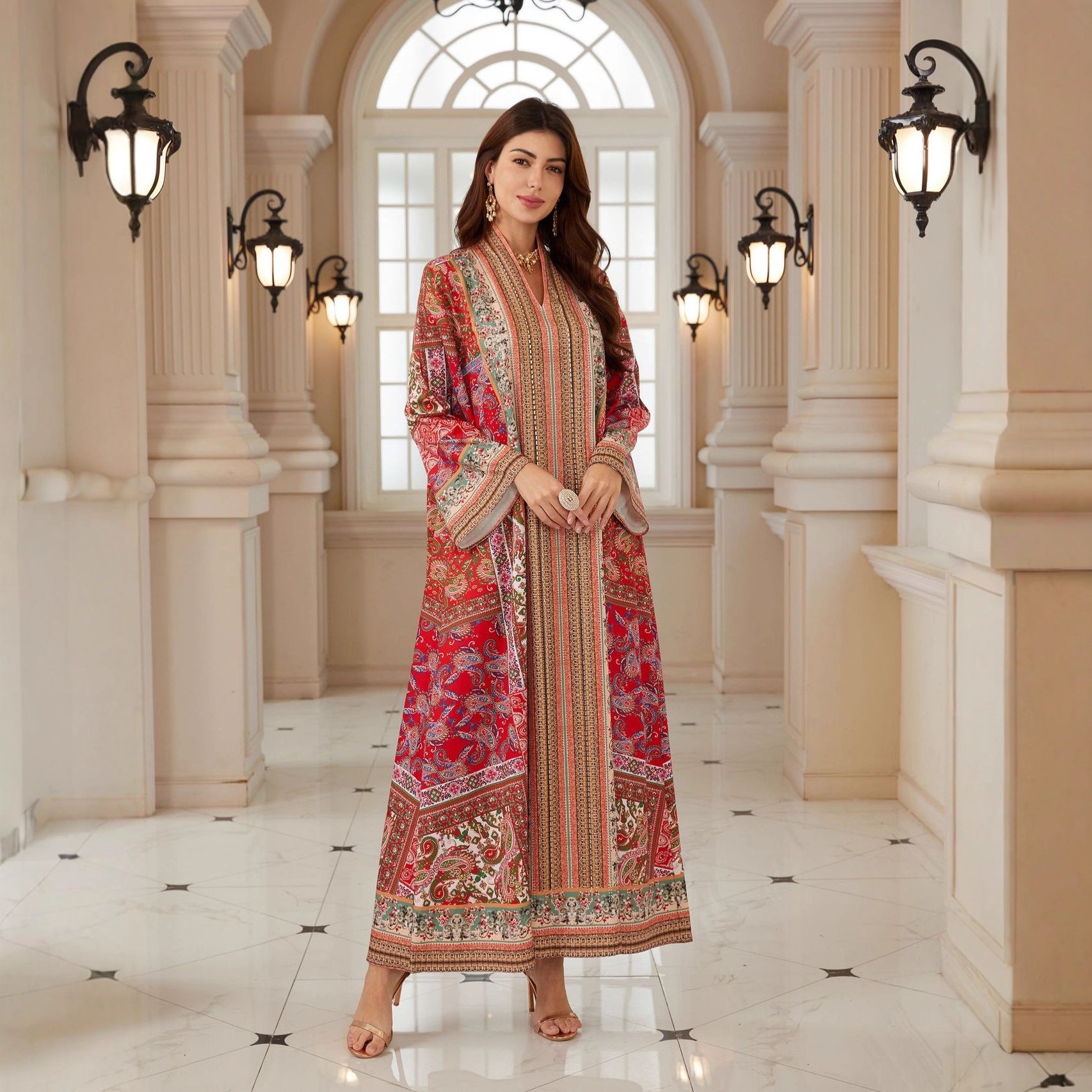 Graceful Red Boho Abaya – Printed Muslim Maxi Dress for Eid