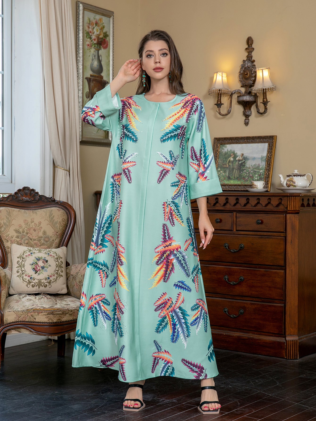 Light Green Ethnic Print Beaded Abaya Gown - Modest Dress