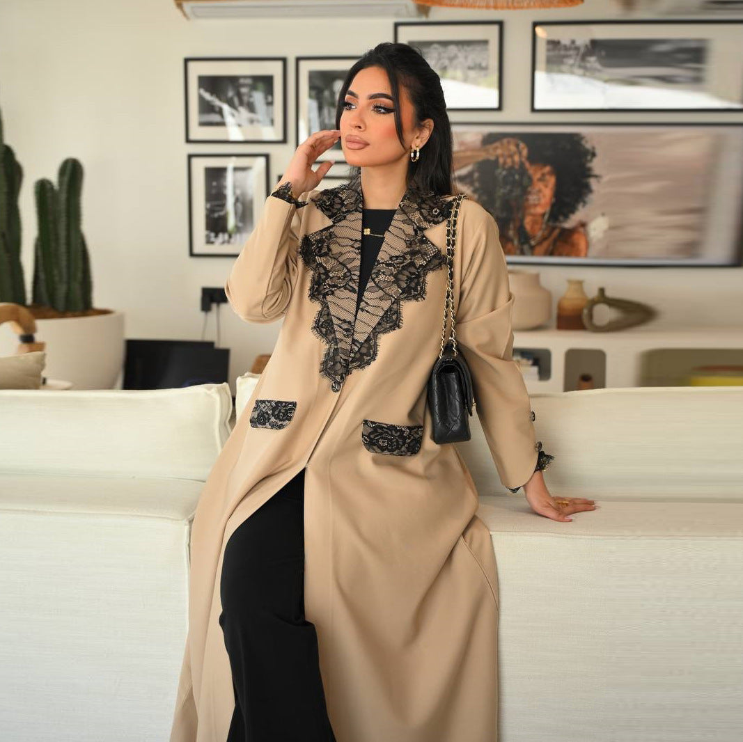 Apricot Lace Trim Open Front Long Sleeve Maxi Abaya Cardigan - Plus Size