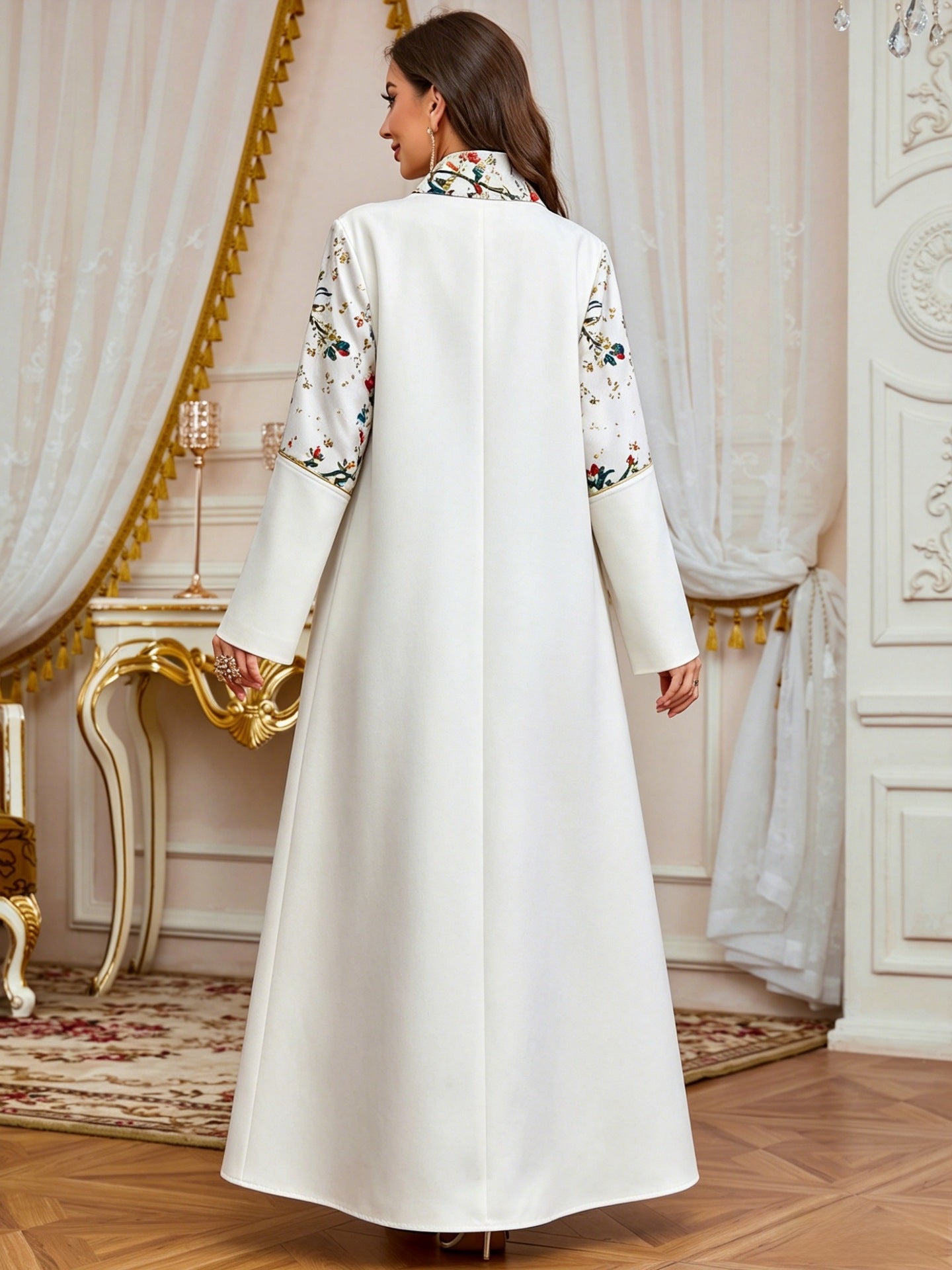 2026 Reels Opulent Floral Statement Kaftan Cream Base Gold Dust Foil Peony Print Stand Mandarin Collar Metal Clasp Fastener Split Bell Long Sleeve Floor-Sweeping Loose Drape Cut Exclusive Khaleeji Atelier Fit For Gulf Ladies Walima Wedding & Iftar Ba