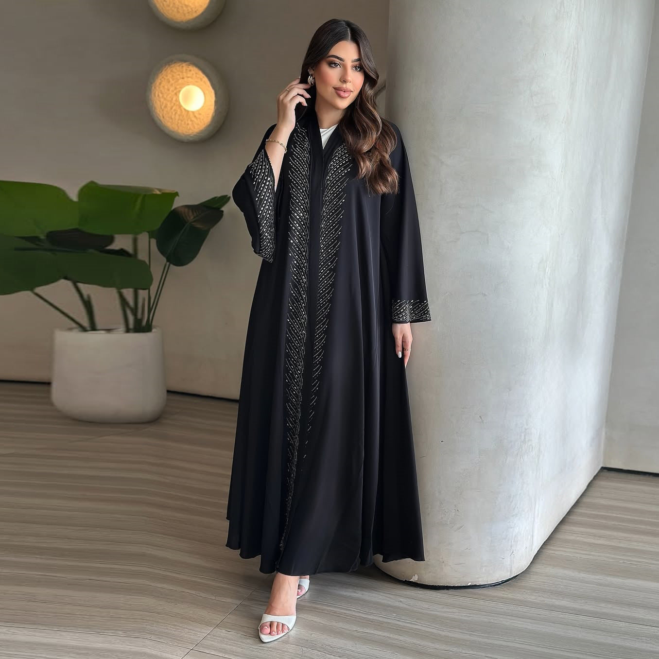 Black Rhinestone Embellished Pullover Long Maxi Abaya Dress - Modest Open Front