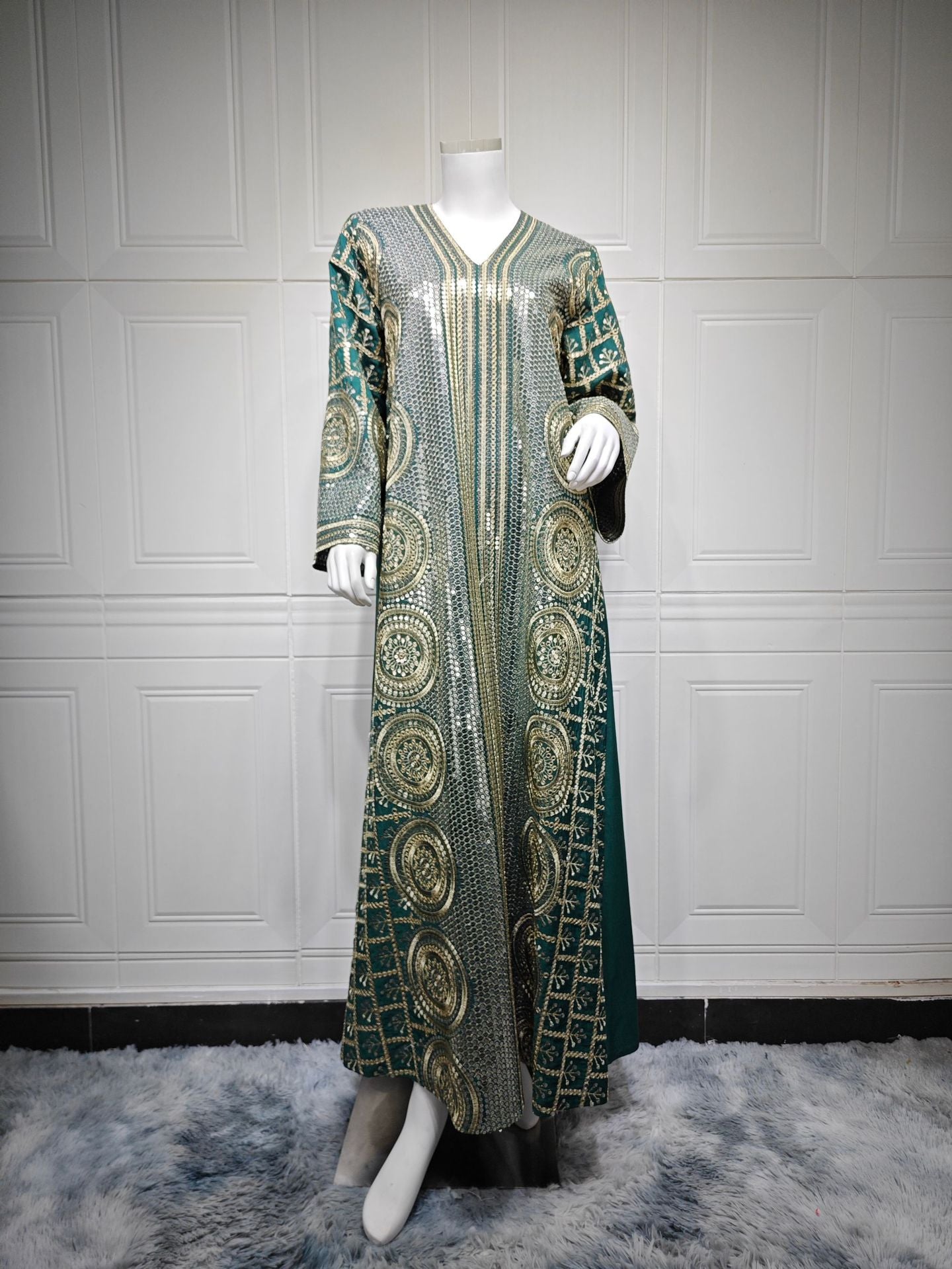Elegant V Neck Muslim Formal Jalabiya Full Width Circular Sequin Embroidery Relaxed Wide Flare Sleeve Long Glitter Gown 3 Shades All Occasion Eid Holiday Wear