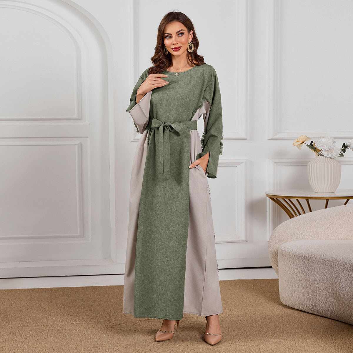 Two-Tone Linen Look Elegant Color Block Maxi Dress Abaya Modest Long Gown for Muslim Women Eid Ramadan Banquet M-XL