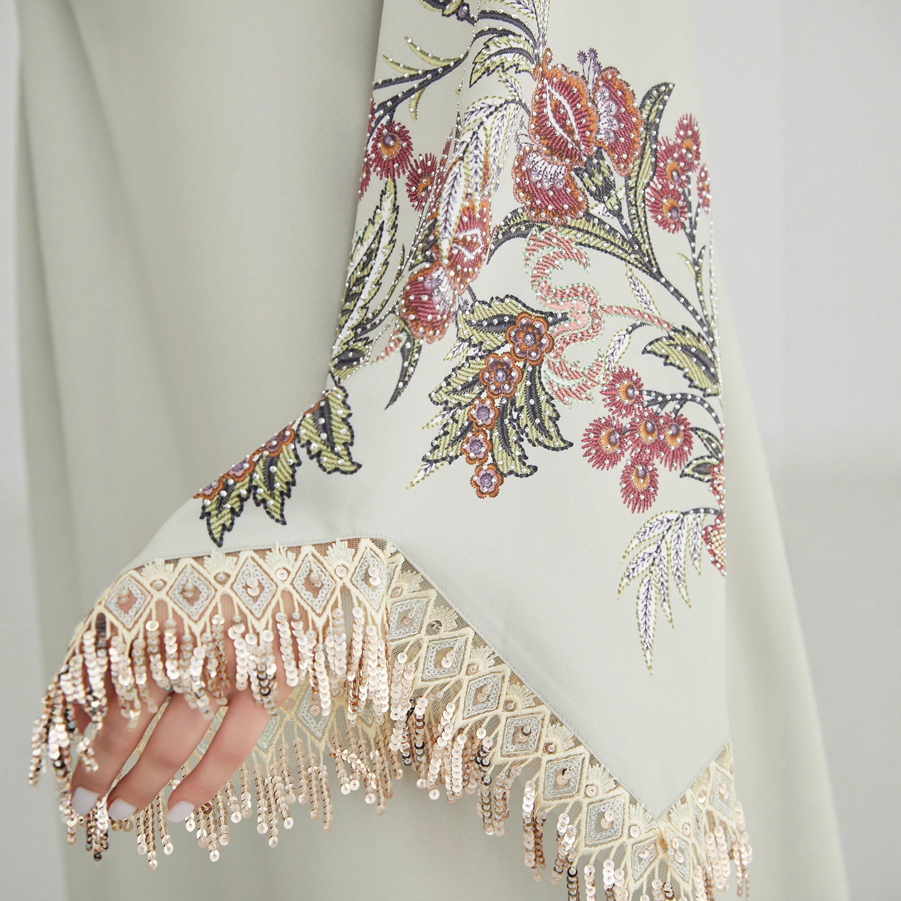 Pastel Light Green Matte Crepe Long Kaftan Robe For Ladies V-Neck Oversized Flare Cuff With Shiny Gold Fringe Sleeve Floral Embroidery Full Length Formal Modest Outfit