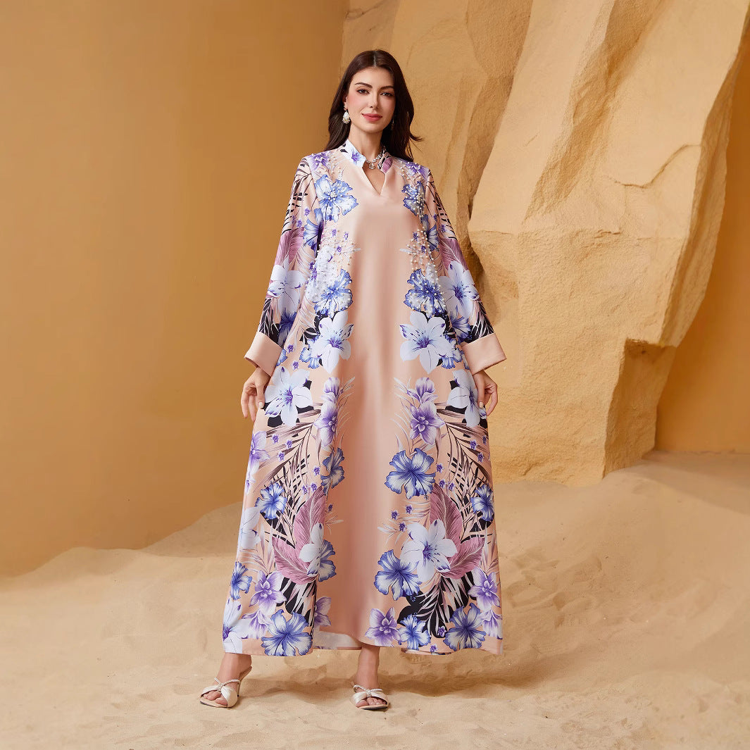 Apricot Purple Blue Printed Abaya - Plus Size African Long Robe