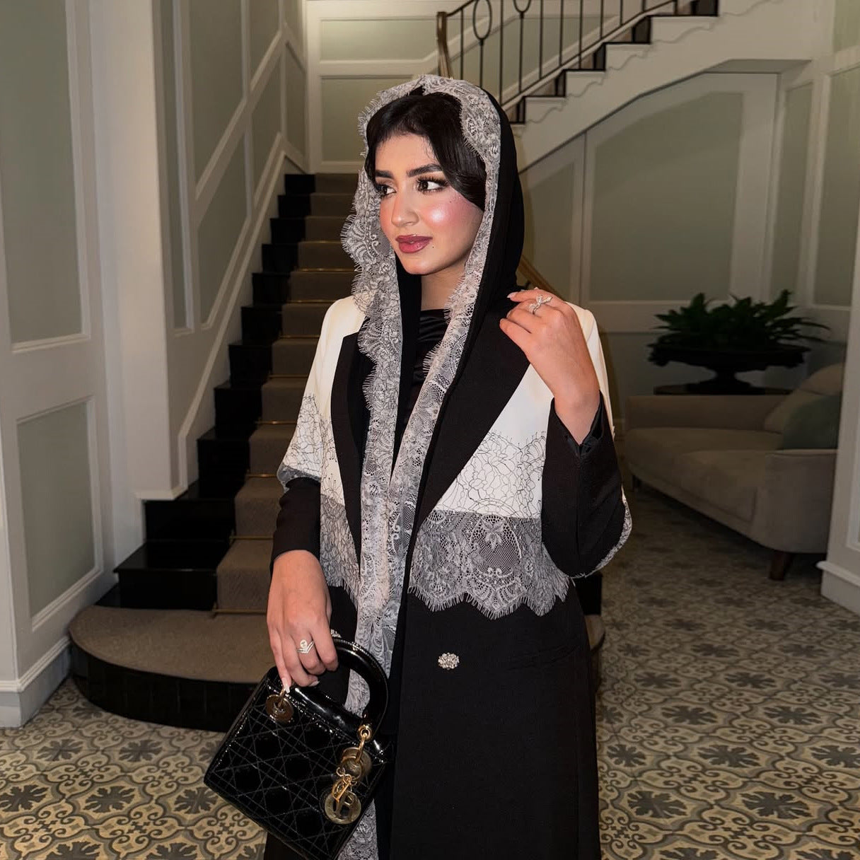 Black Lace Patchwork Long Open Abaya with Hijab Set