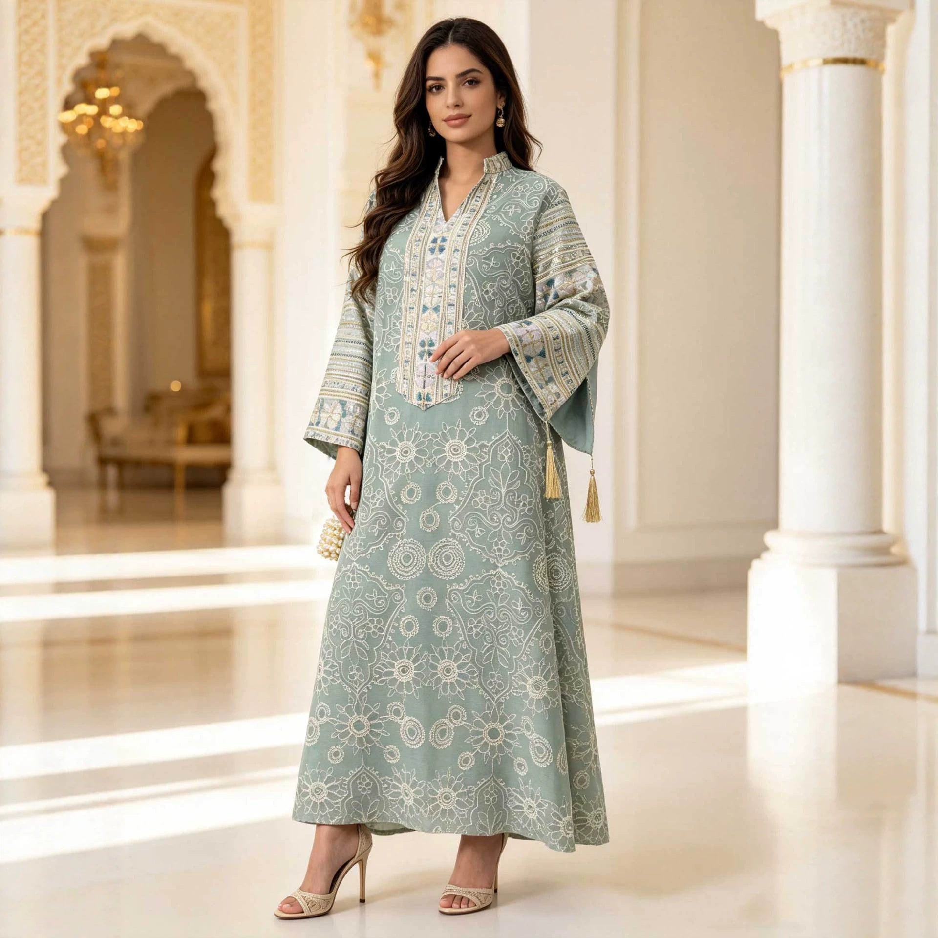 Elegant Sequin Embroidered Mesh Abaya Dress Jalabiya Modest Long Maxi Dress for Muslim Women Eid Ramadan Evening Party S-XXL