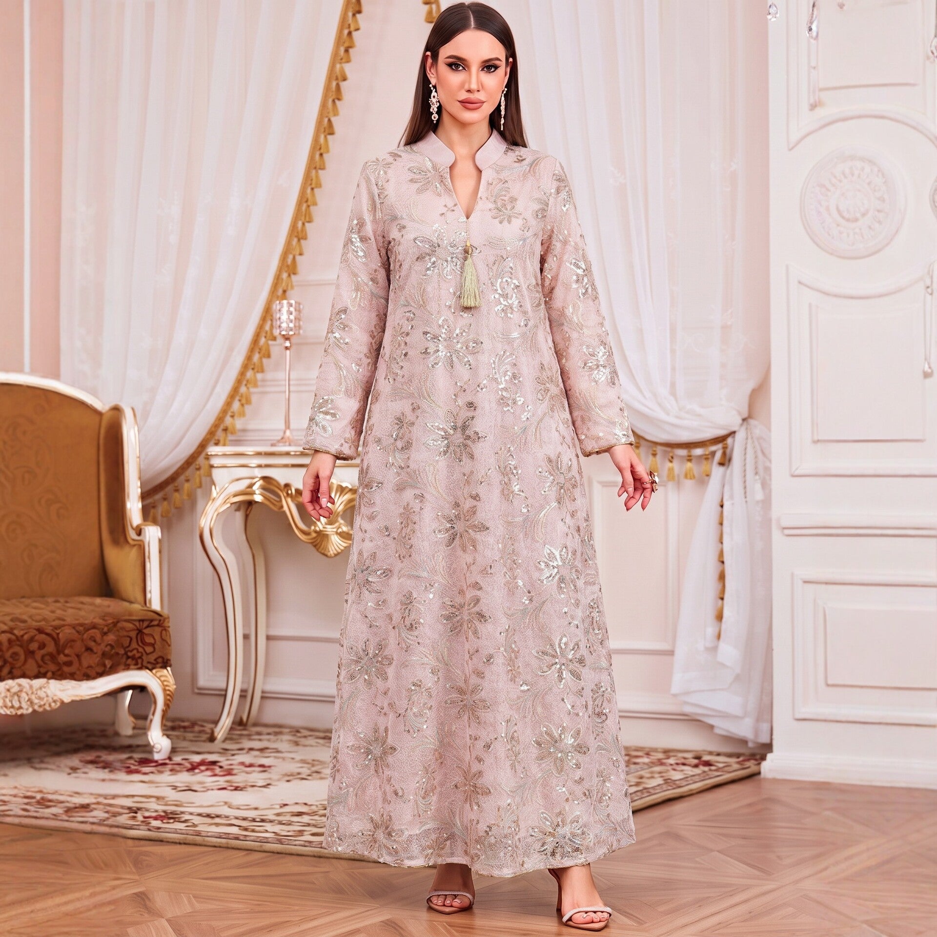 Apricot Pink Light Blue V-Neck Heavy Beaded Embroidered Abaya Maxi Dress