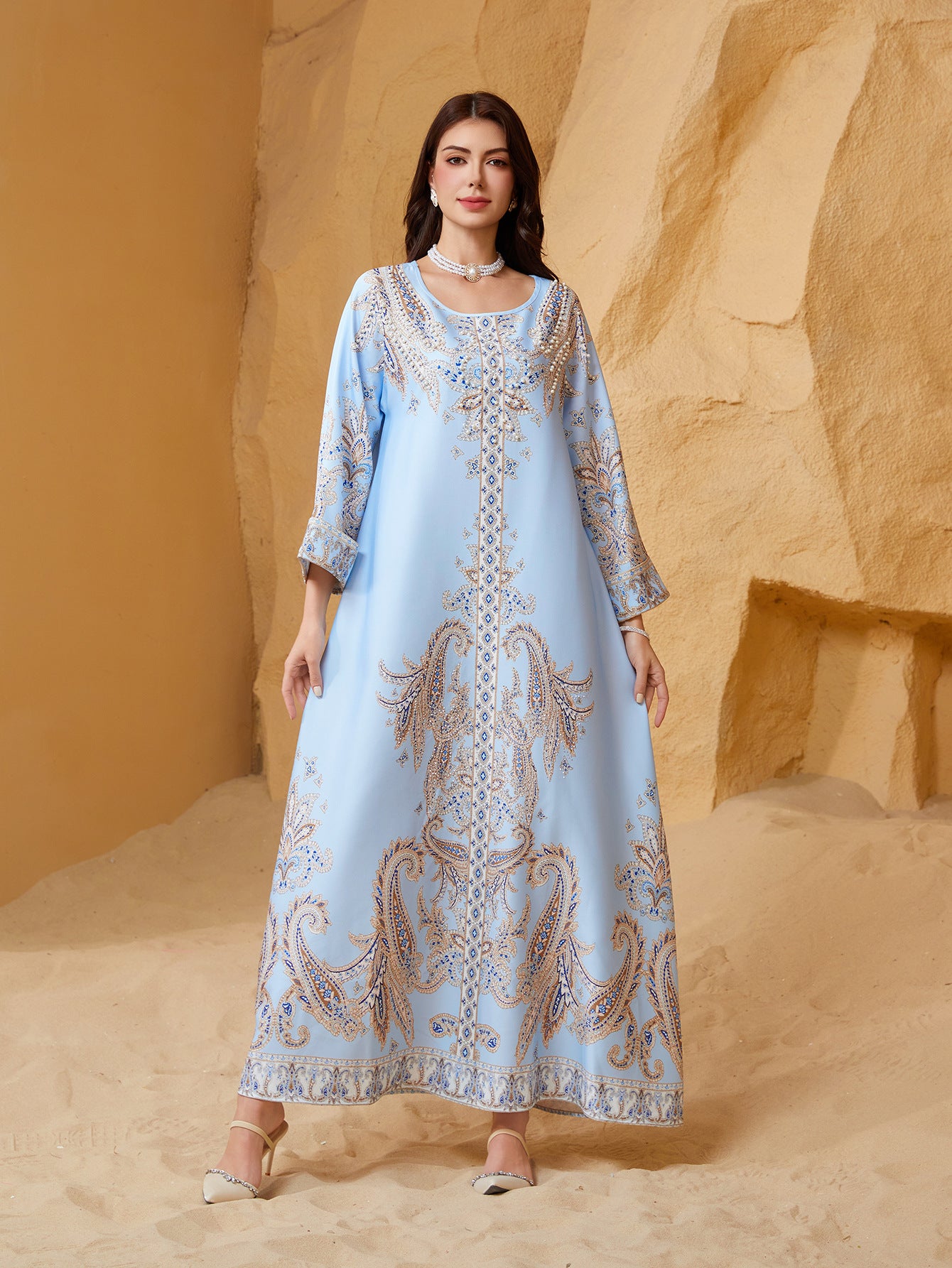 Light Blue and Yellow Rhinestone Beaded Round Neck Fitted Abaya Dress