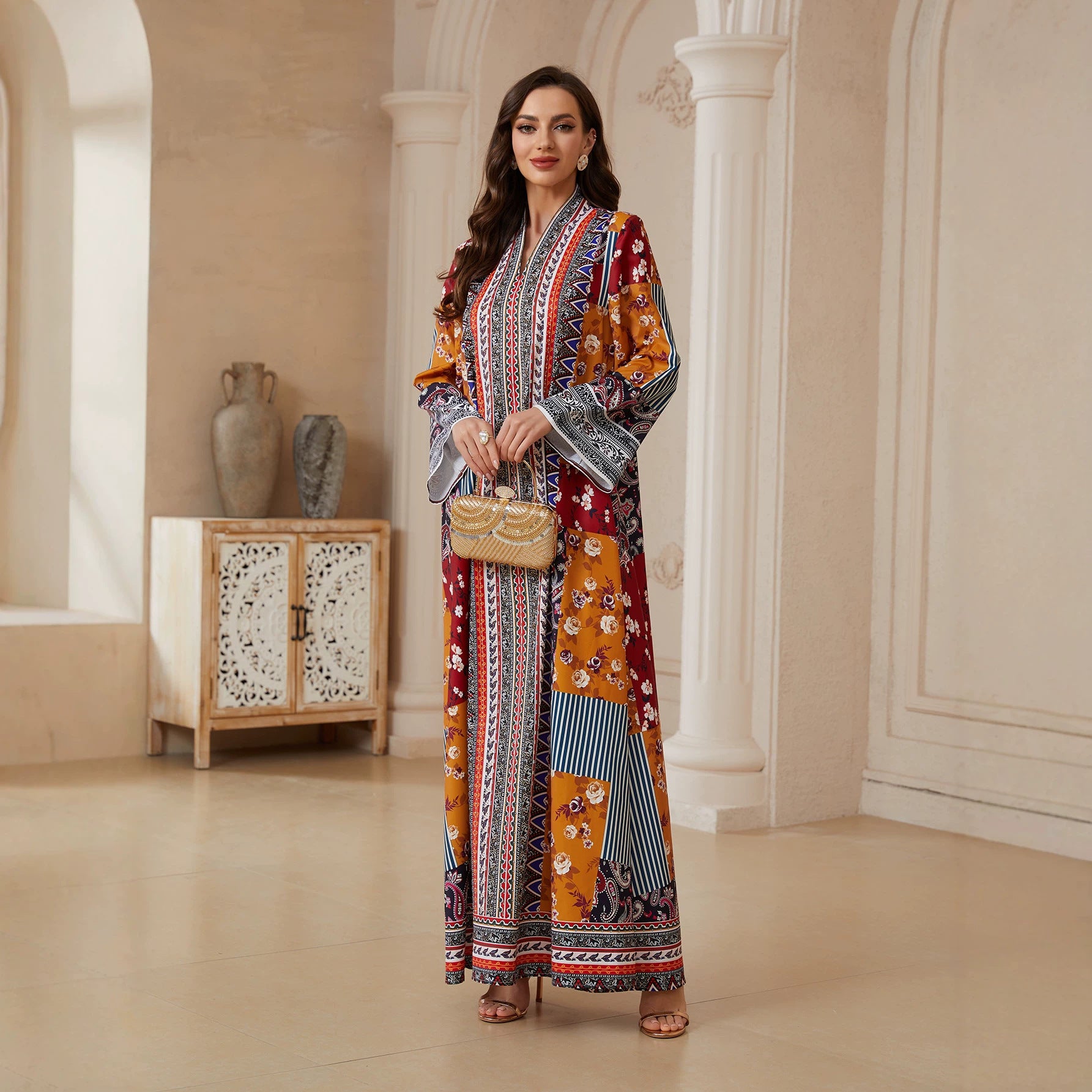 Floral Long Sleeve Ethnic Abaya - Modest Muslim Dress Ramadan Eid