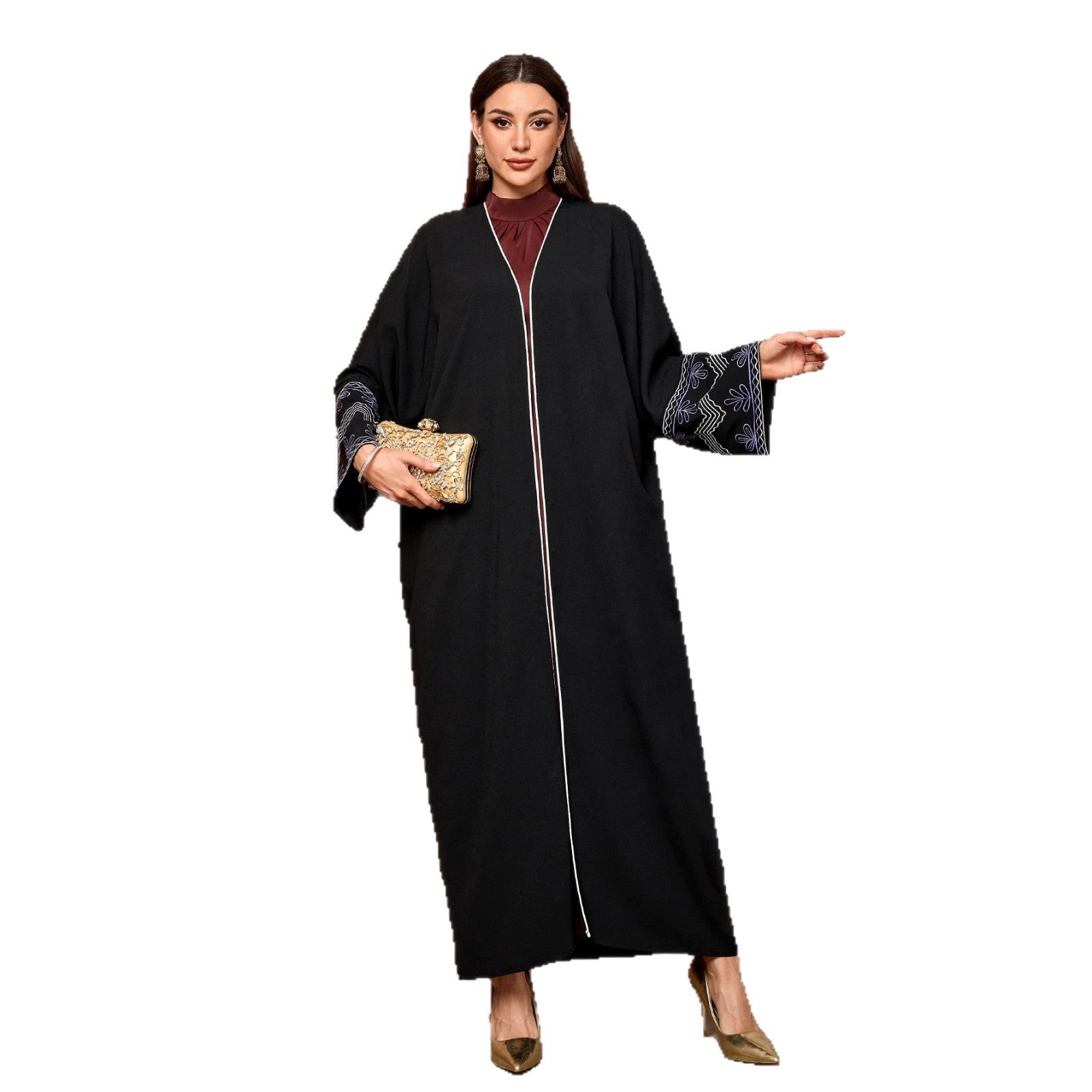 Vintage Embroidered Long Robe Abaya Cardigan Modest Maxi Dress Jalabiya for Muslim Women Eid Ramadan Prayer Wear One Size