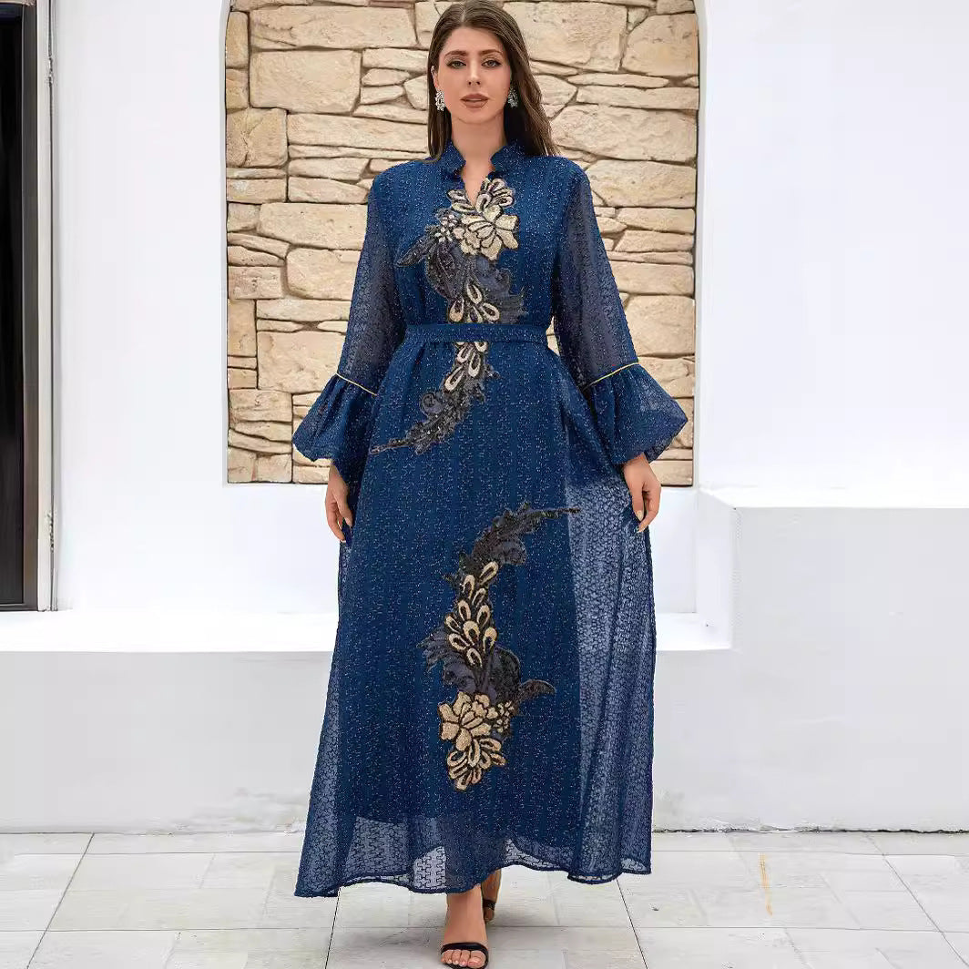 2026 Couture Embellished Plus Size Modest Abaya Deep Blue Sparkling Mesh Fabric Elegant Gold Floral Peacock Applique Stand Collar Bell Sleeve Belted Maxi Dress Premium Pan-Arab Attire For Curvy Ladies Ramadan Socials & Seasonal Wedding Occasions