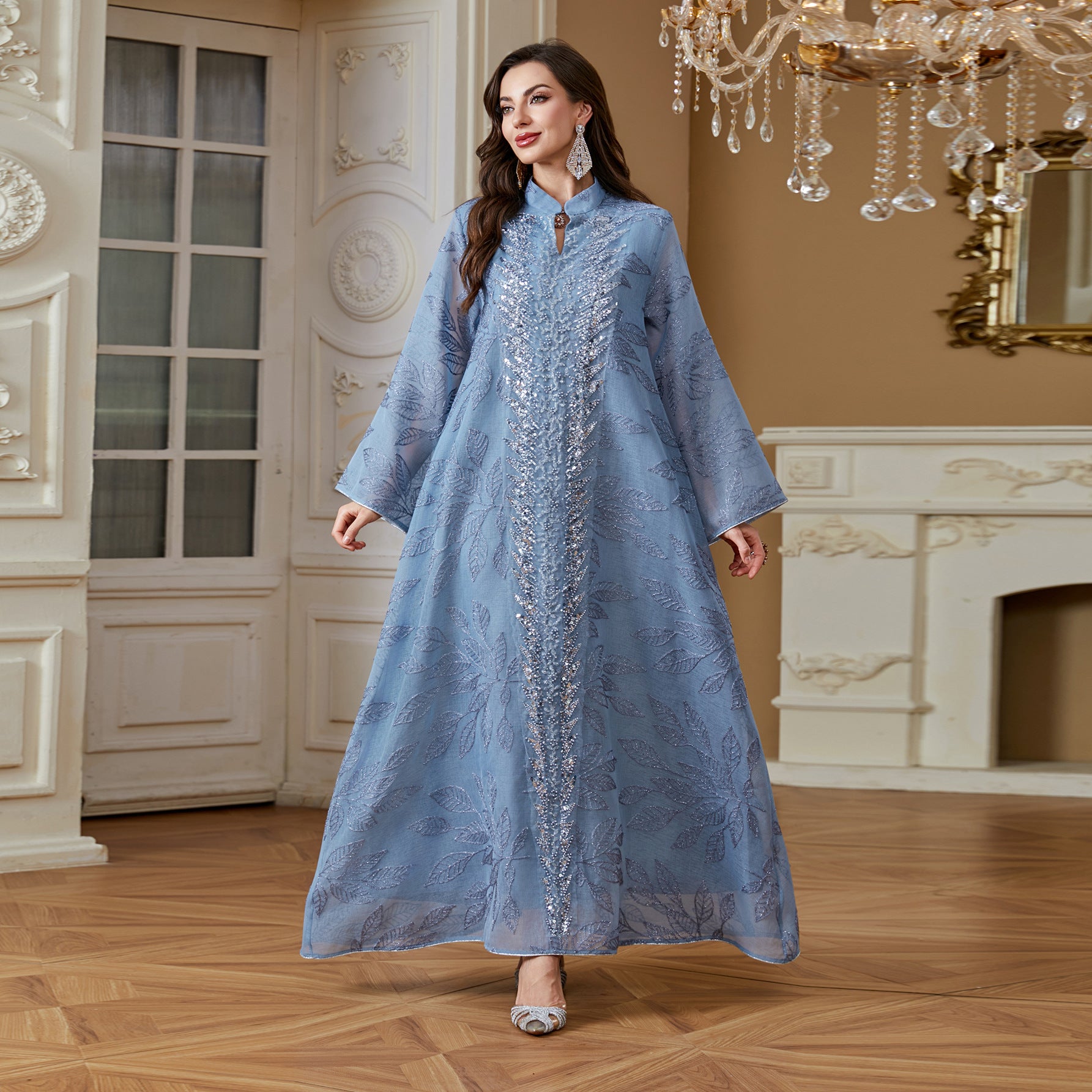 3 Colors Leaf Jacquard Hand Beaded Abaya Women Stand Collar V Notch Flare Sleeve Maxi Jalabiya Luxury Embellished Kaftan Lightweight Modest Gown For Eid Mubarak Ramadan Wedding Evening Party